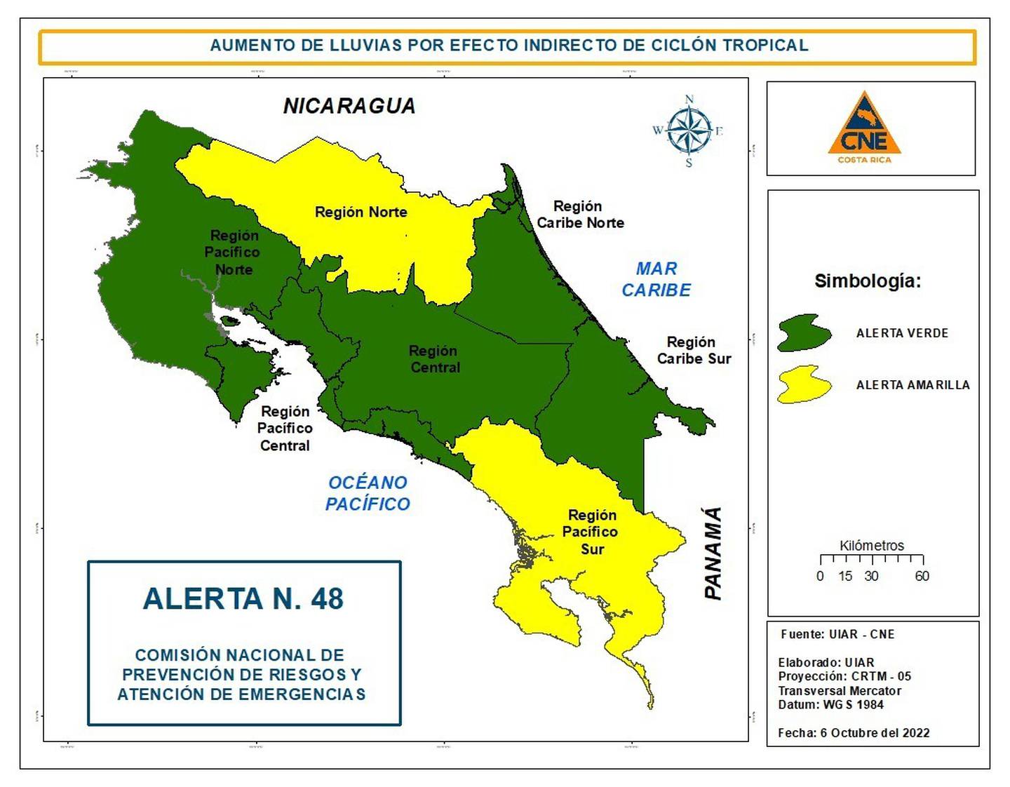 La CNE declaró alerta amarilla para la zona norte y el Pacífico Sur. Foto CNE.