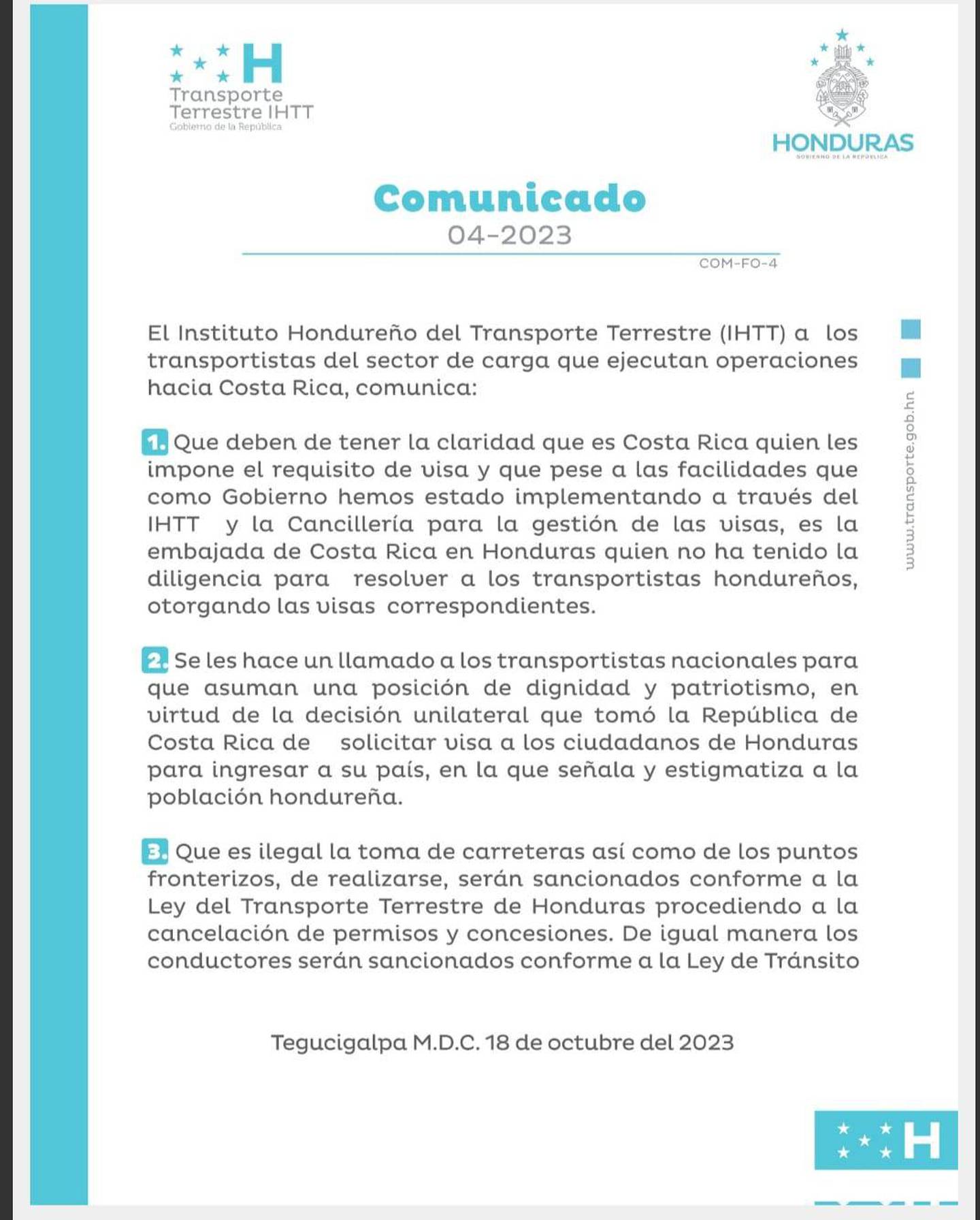 Publicación de la Embajada de Honduras en COsta Rica sobre el problema de las visas consulares.