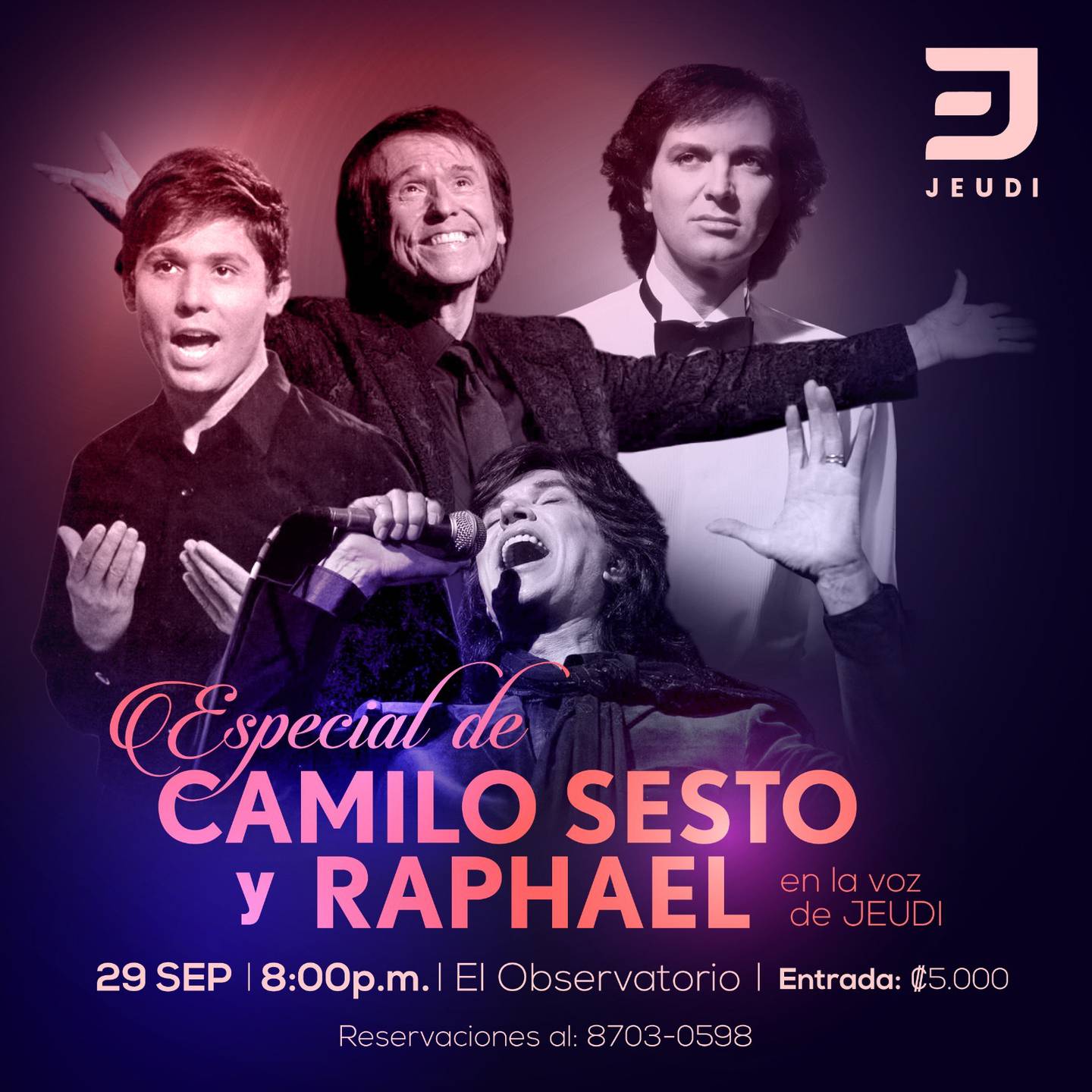 El cantante Jeudi Cerdas le dará voz a los mejores éxitos de Camilo Sesto y Raphael.