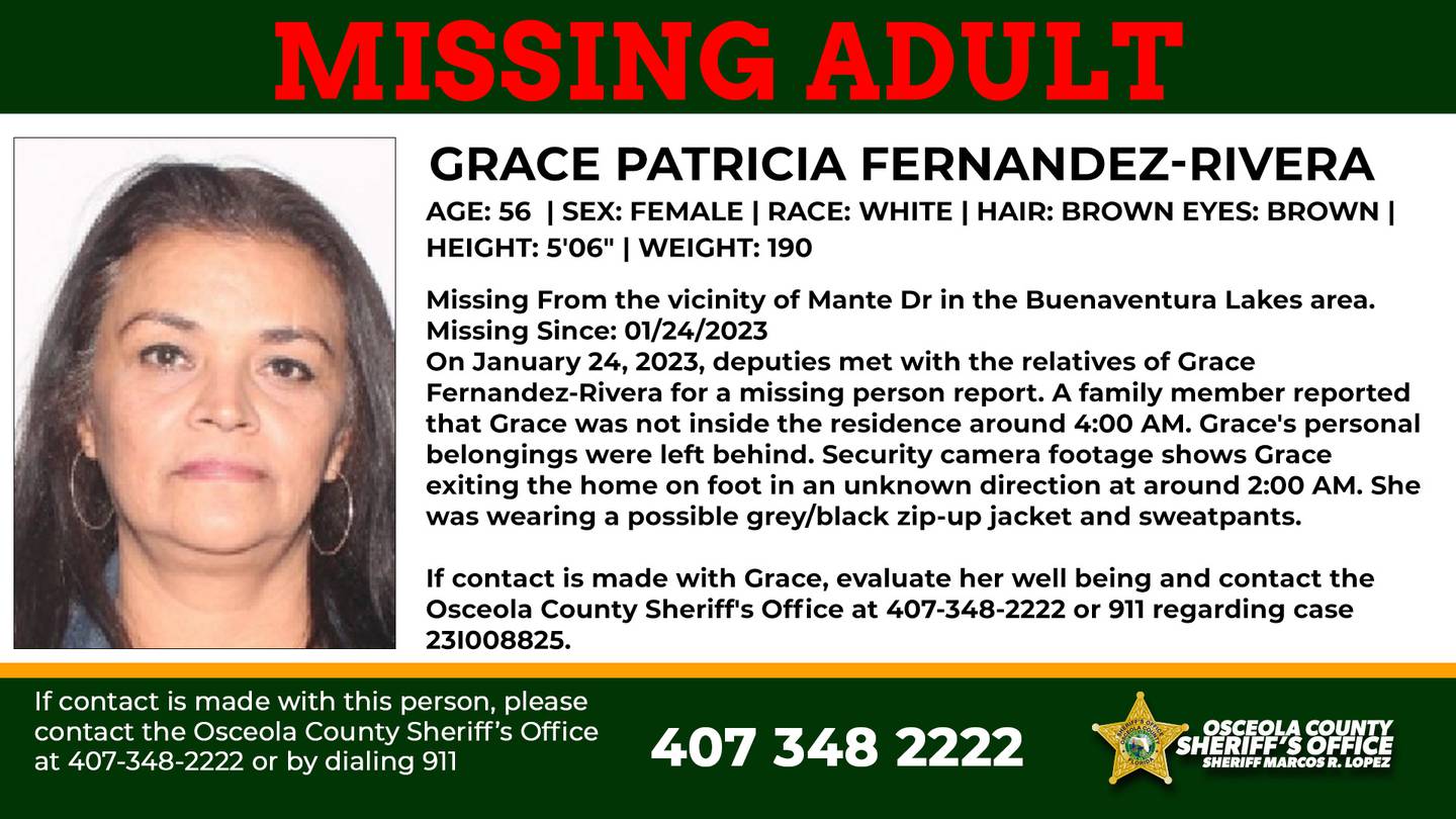 La costarricense Grace Fernádez está desaparecida en Florida, Estados Unidos. Foto oficinal del aguacil de Osceola
