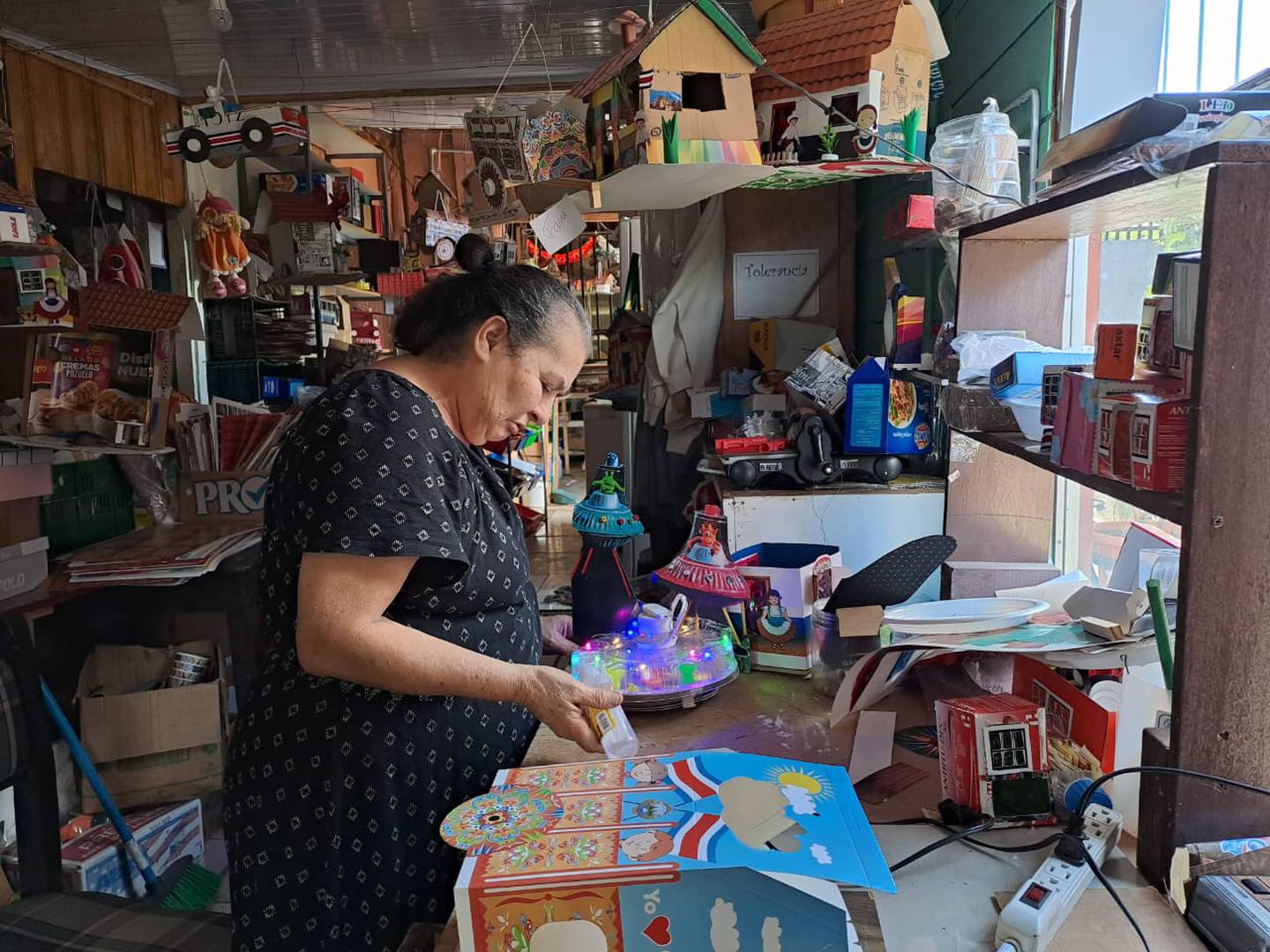 Liliana López Esquivel tiene 67 años y lleva 14 años haciendo faroles con material de reciclaje.