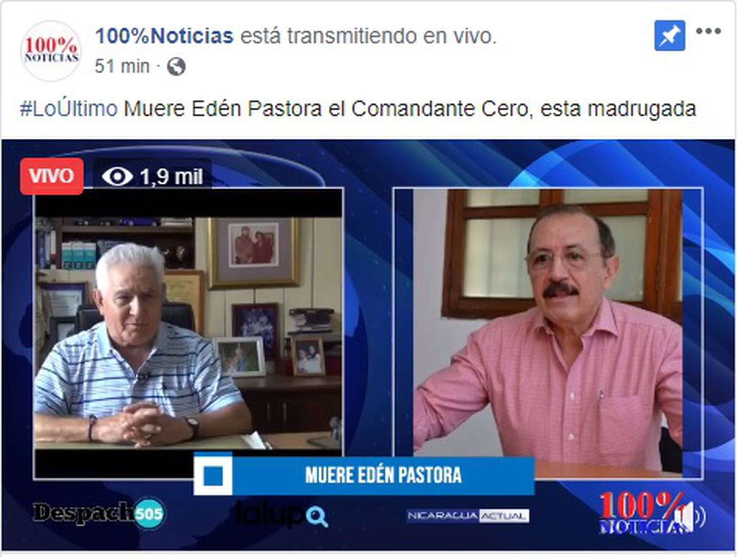 El medio nicaragüense que se transmite desde Costa Rica, 100% Noticias, confirma la muerte de Edén Pastora