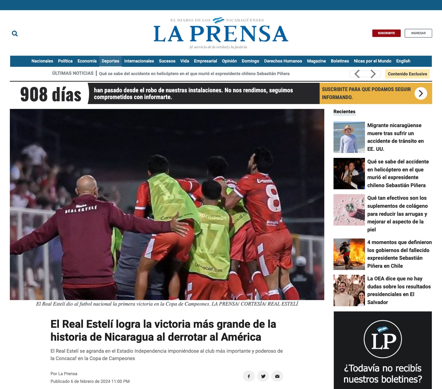 Así lo contó La Prensa en su sitio web el triunfo del Real Estelí.