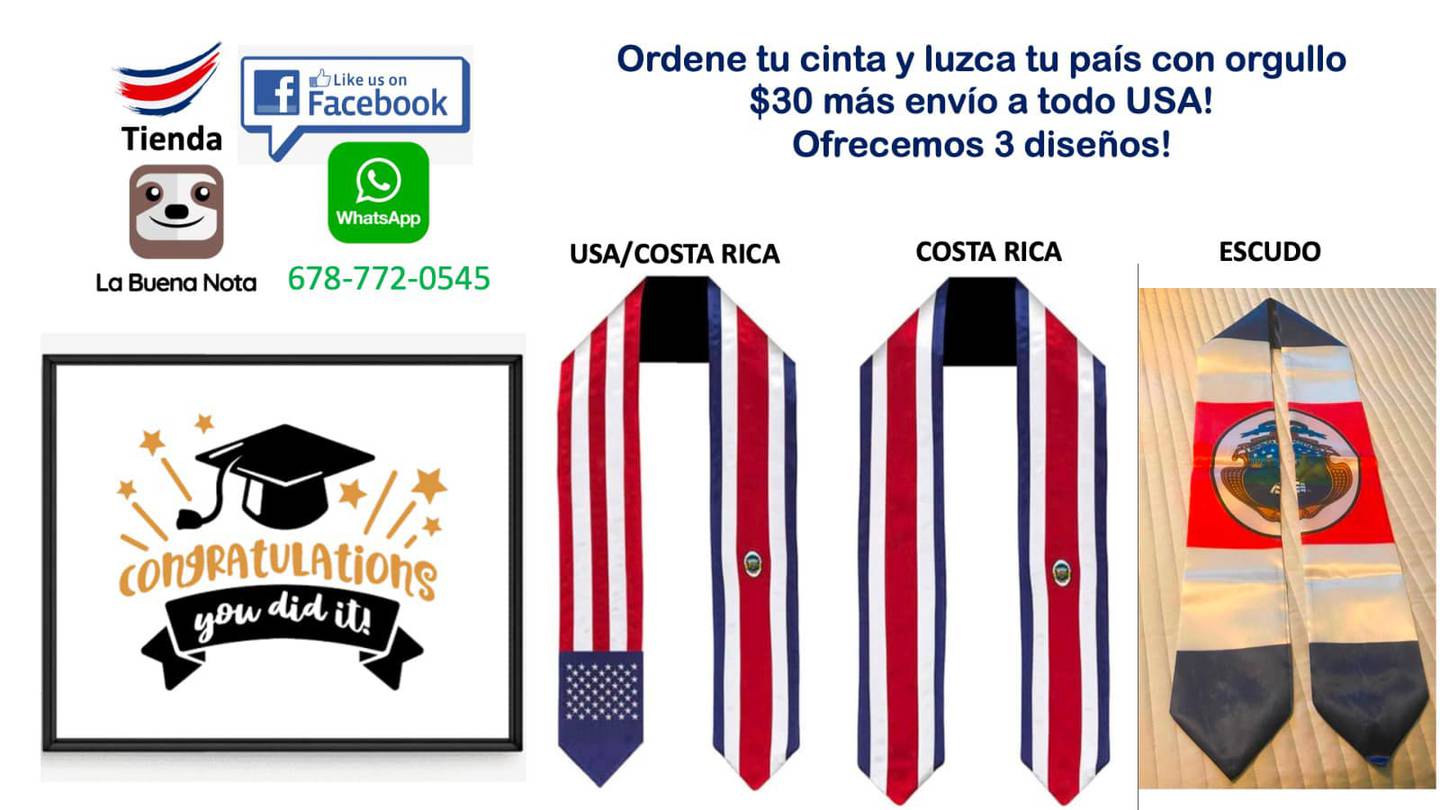 Costarricenses que viven en Estados Unidos cuando se gradúan no se olvidan de su amor por Costa Rica y llevan una cinta con la bandera tica.