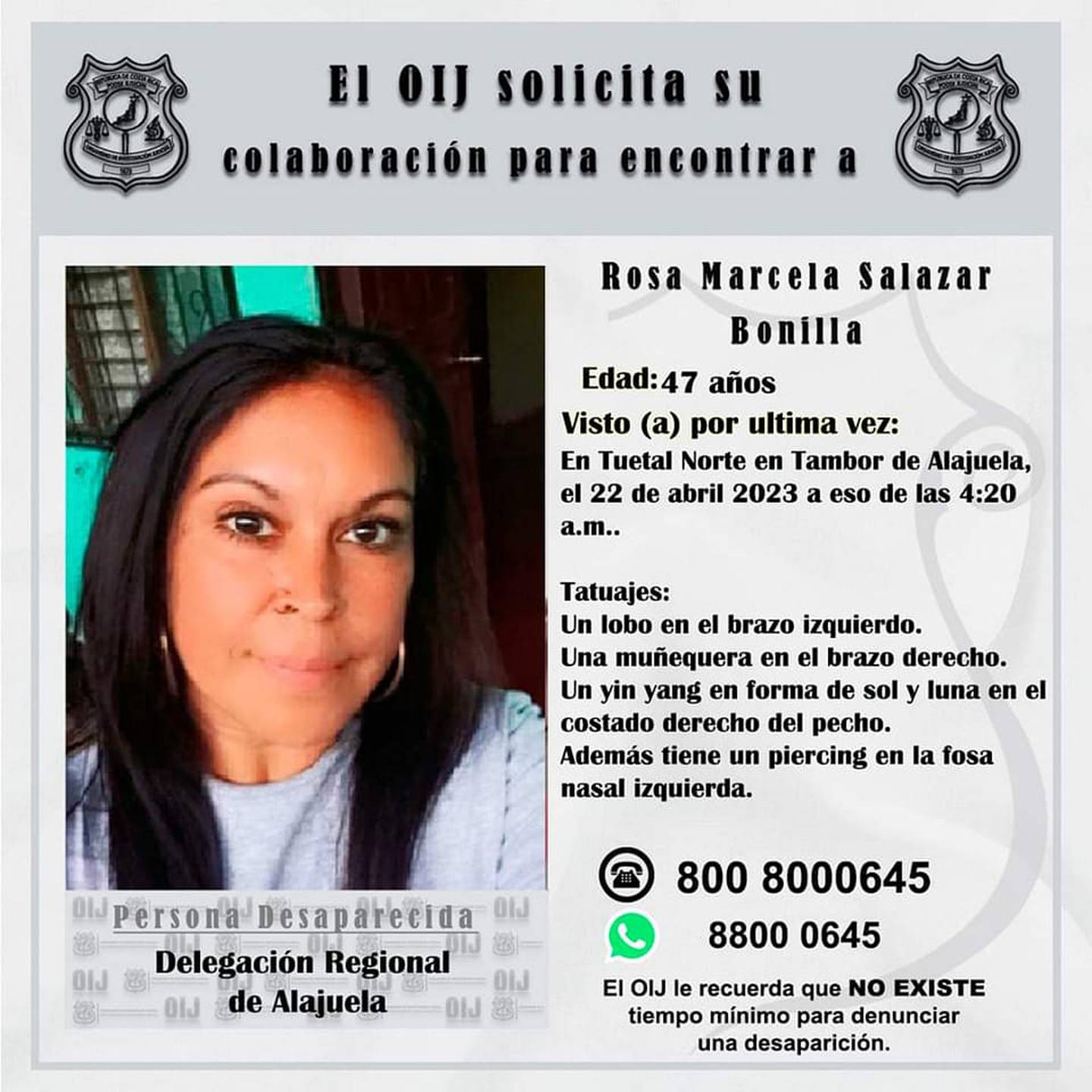 Rosa Salazar Bonilla, desaparecida. Foto OIJ.