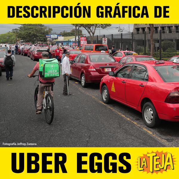 Foto de ciclista de Uber Eats en medio de taxis rojos se ...