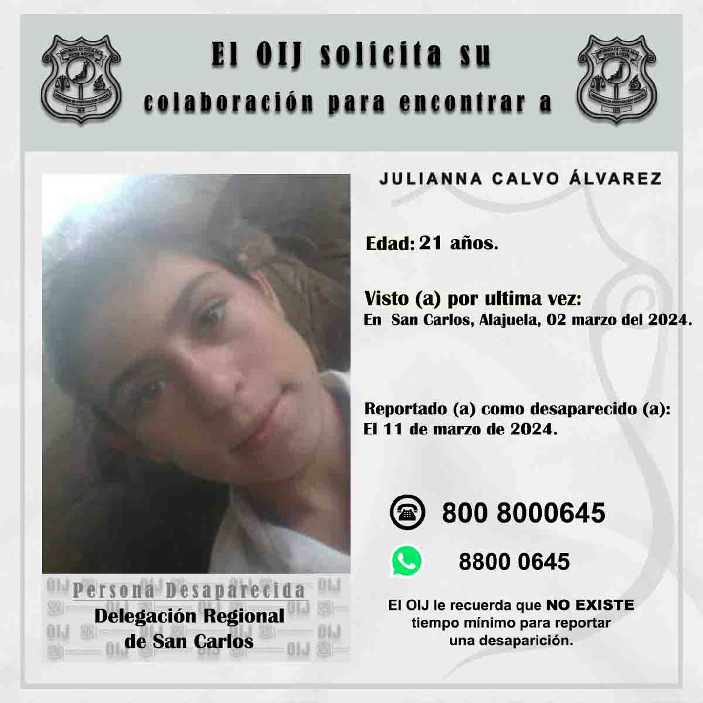 Julianna Calvo Álvarez, de 21años desaparecida en Pital de San Carlos, Alajuela desde el2 de marzo del 2024. Foto: OIJ
La Teja