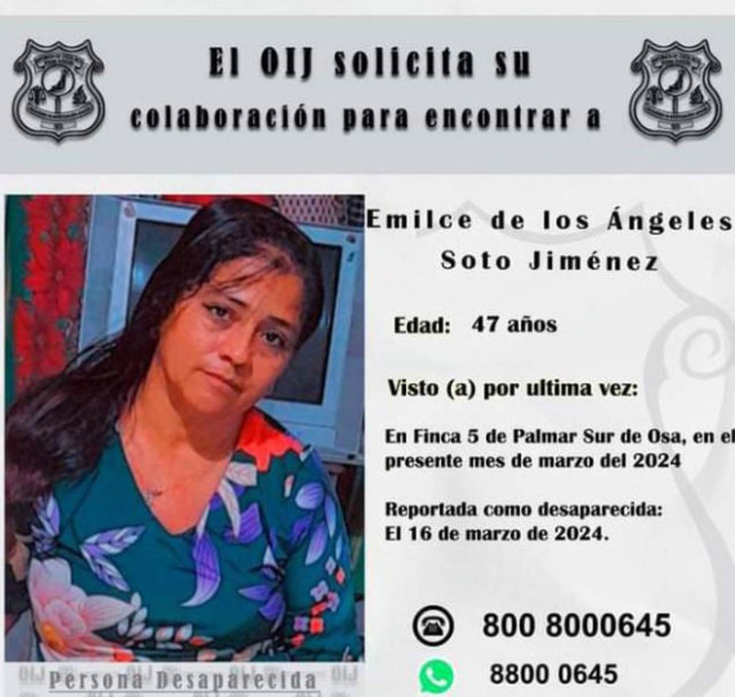 Emilce Soto Jiménez, mujer desaparecida en Palmar Sur. Foto cortesía.