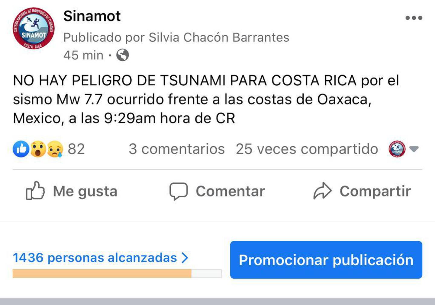 Sinamot confirma que no hay peligro de Tsunami para Costa Rica el 23 de junio del 2020