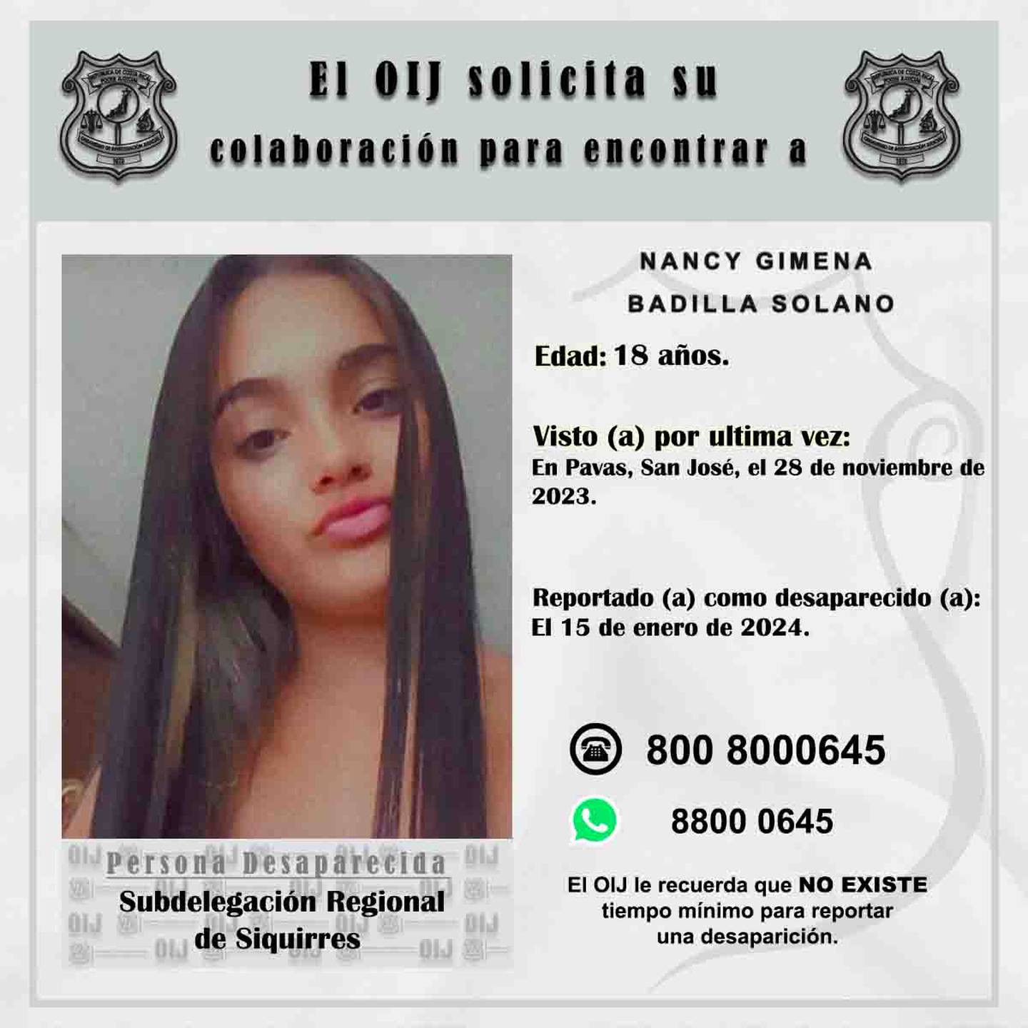 Nancy Badilla Solano, joven desaparecida desde el 28 de noviembre del 2023.