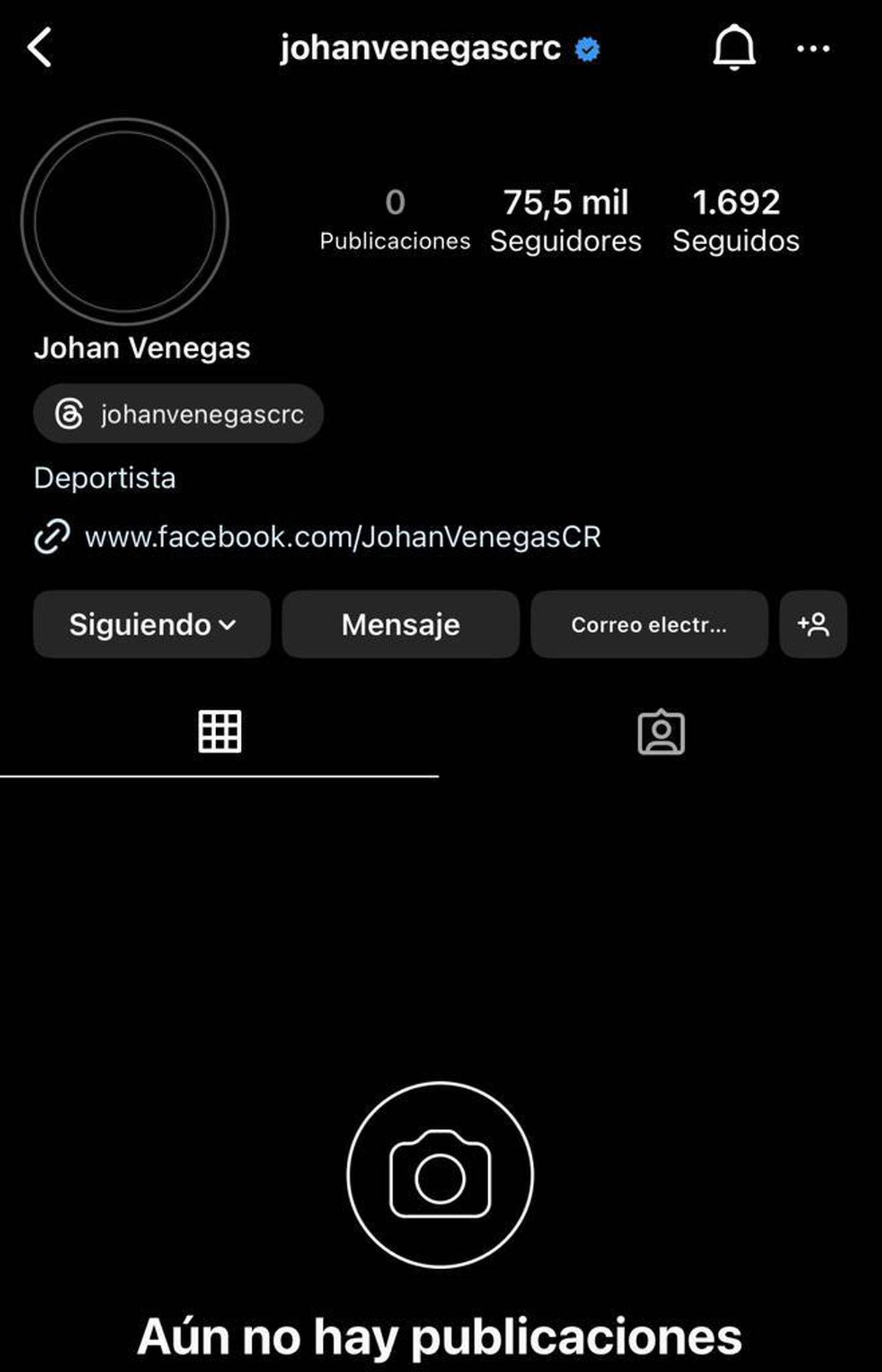 De la cuenta de Johan Venegas de Instagram se borraron todas sus publicaciones.