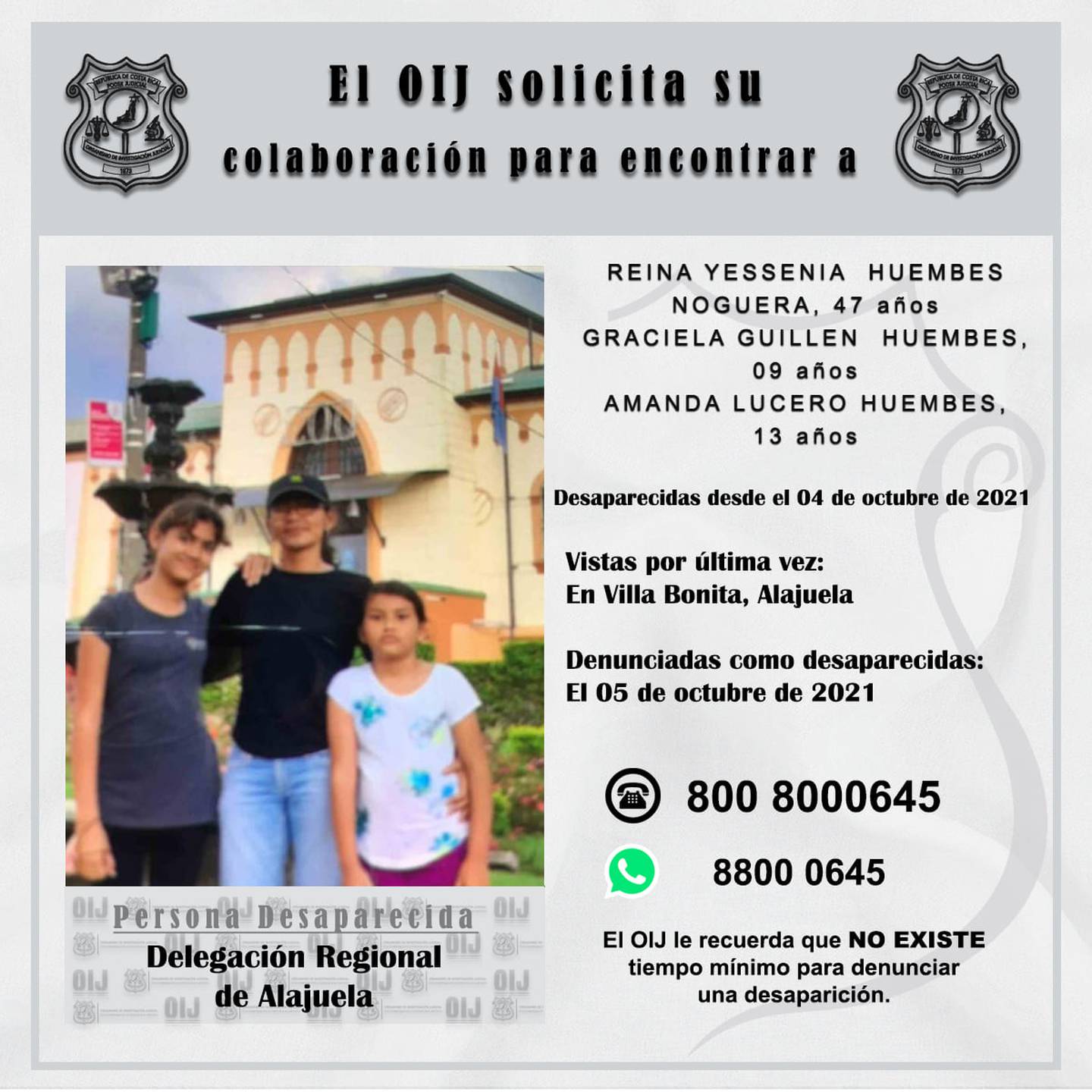 Madre y sus dos hijas menores de edad desaparecieron en Alajuela. Foto OIJ.