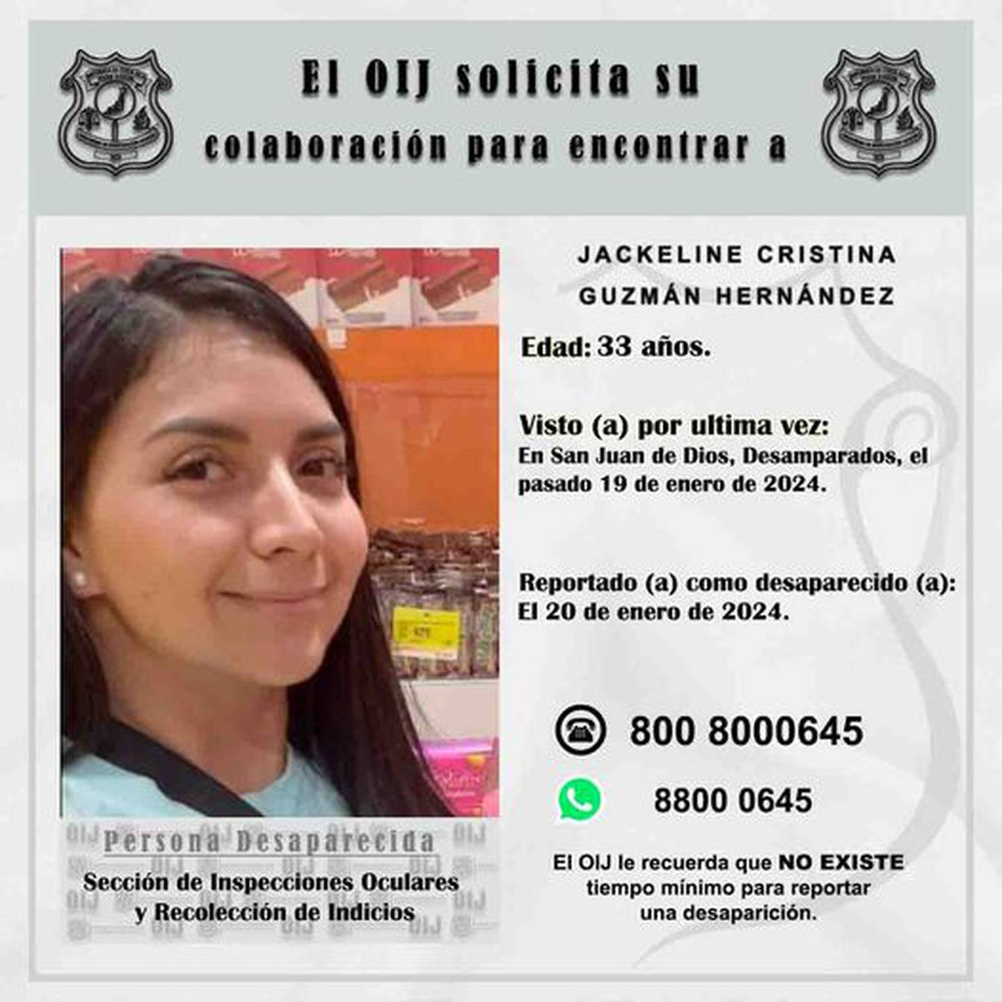 Jackeline Cristina Guzmán Hernández, de 33 años, fue vista por última vez en Desamparados, San José. Foto: OIJ