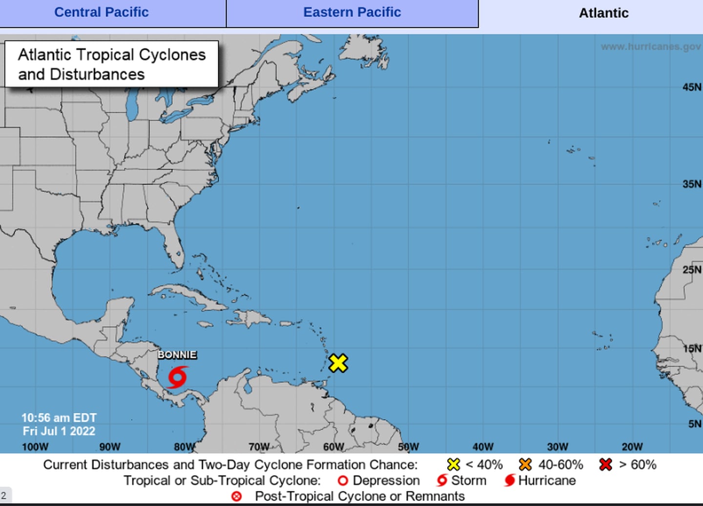El Centro Nacional de Huracanes de EE. UU. declaró este viernes 1.° de julio  el disturbio que nos amenaza como tormenta tropical Bonnie. Imagen Centro Nal. de Huracanes.