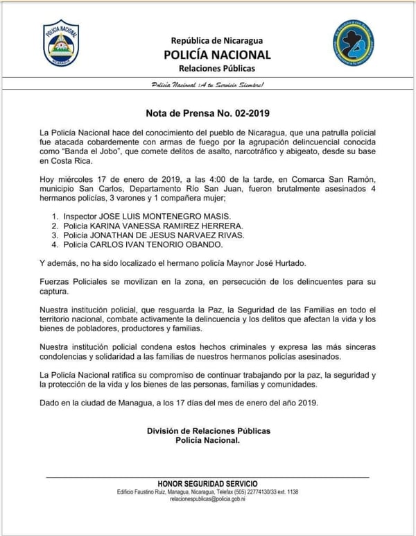 Esta es la nota de prensa que emitió la Policía Nacional de Nicaragua el jueves.