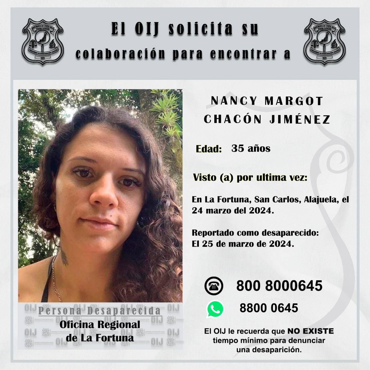Nancy Margot Chacón Jiménez salió en su carro en La Fortuna de San Carlos el domingo 24 de marzo y desde entonces desapareció. Foto: OIJ