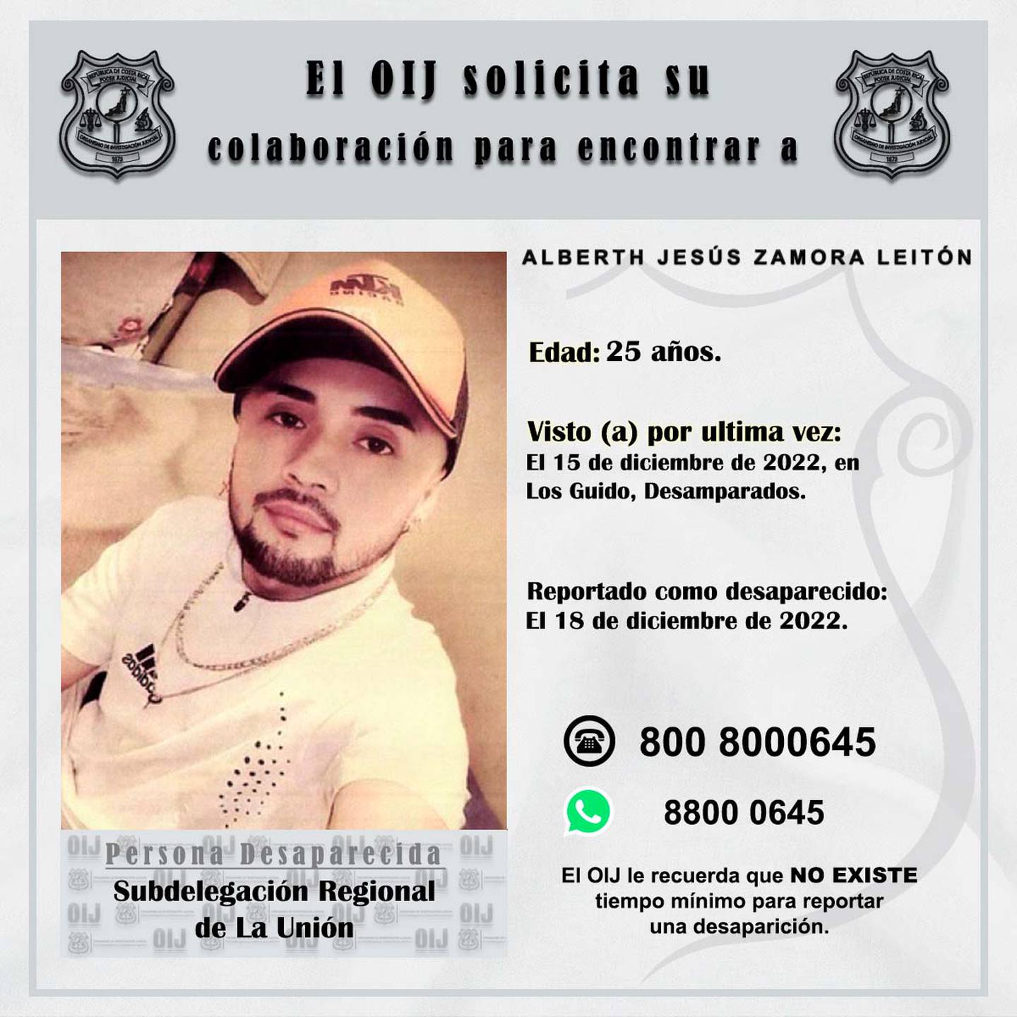Alberth Zamora Leitón, joven desaparecido desde el 17 de diciembre de 2022.