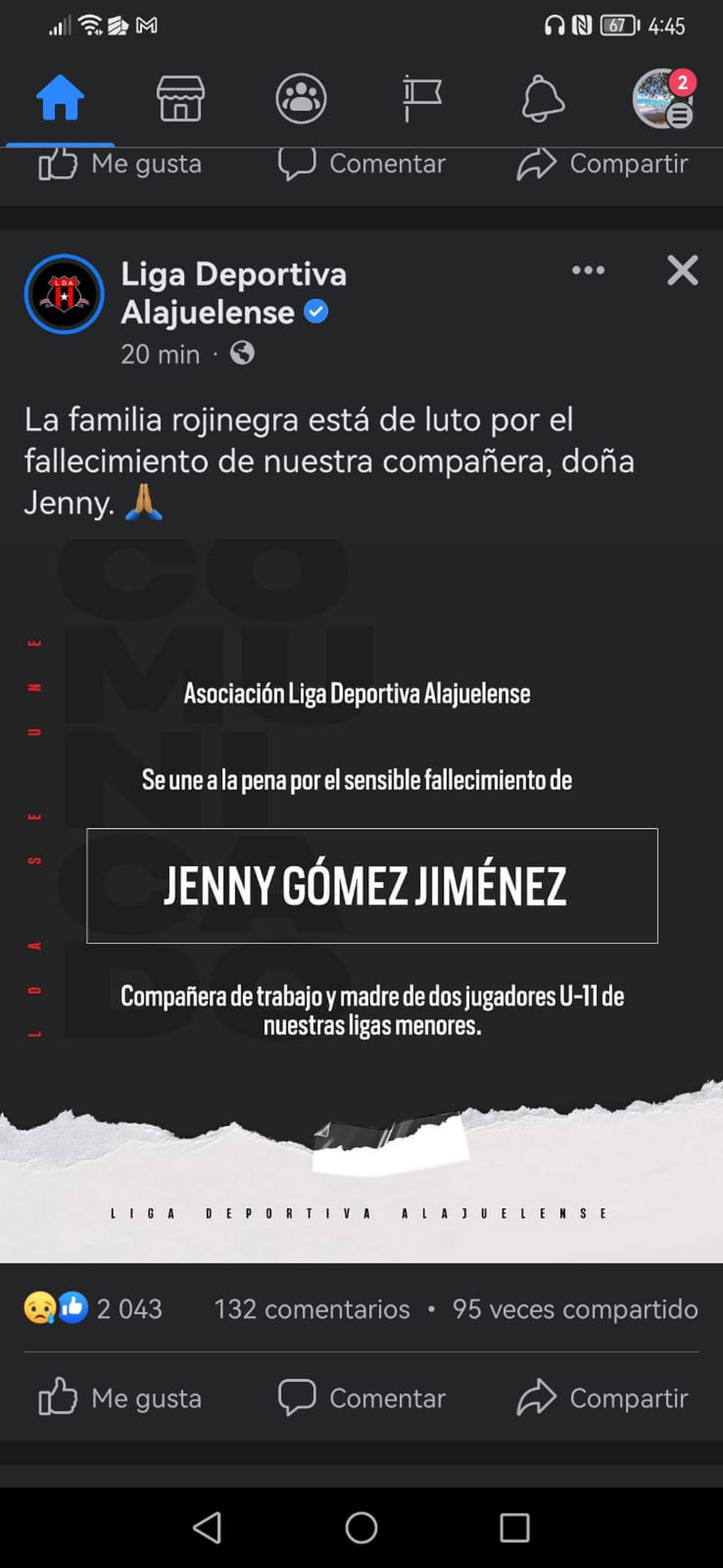 Esquela de Jenny Gómez, Alajuelense