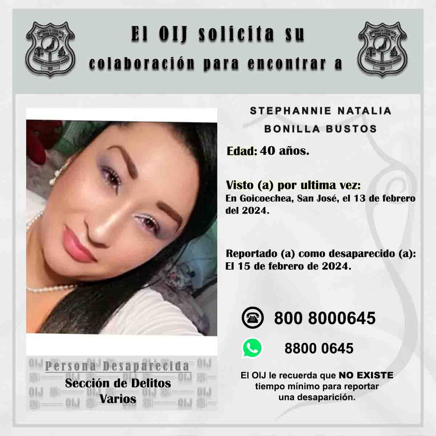 Stephannie Natalia Bonilla Bustos es una mamá de 40 años y está desaparecida desde el martes 13 de febrero anterior. Foto: OIJ
