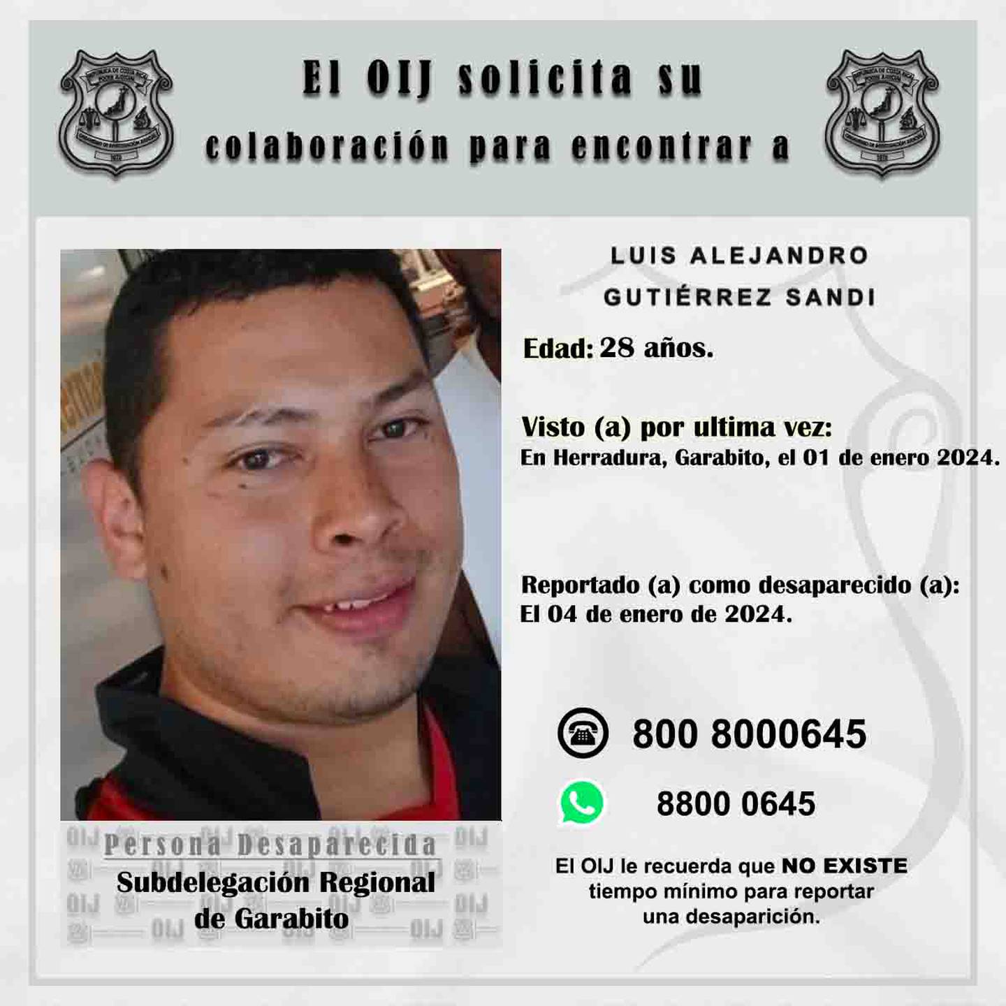 Los familiares de Luis Alejandro Gutiérrez Sandí, de 28 años, están desesperados por dar con su paradero, el cual es incierto desde el lunes 1 de enero del 2024 en Herradura. Foto: OIJ