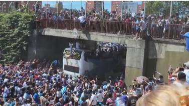 (Video) Dos jóvenes se lanzan desde puente para caer en el bus de la Selección de Argentina