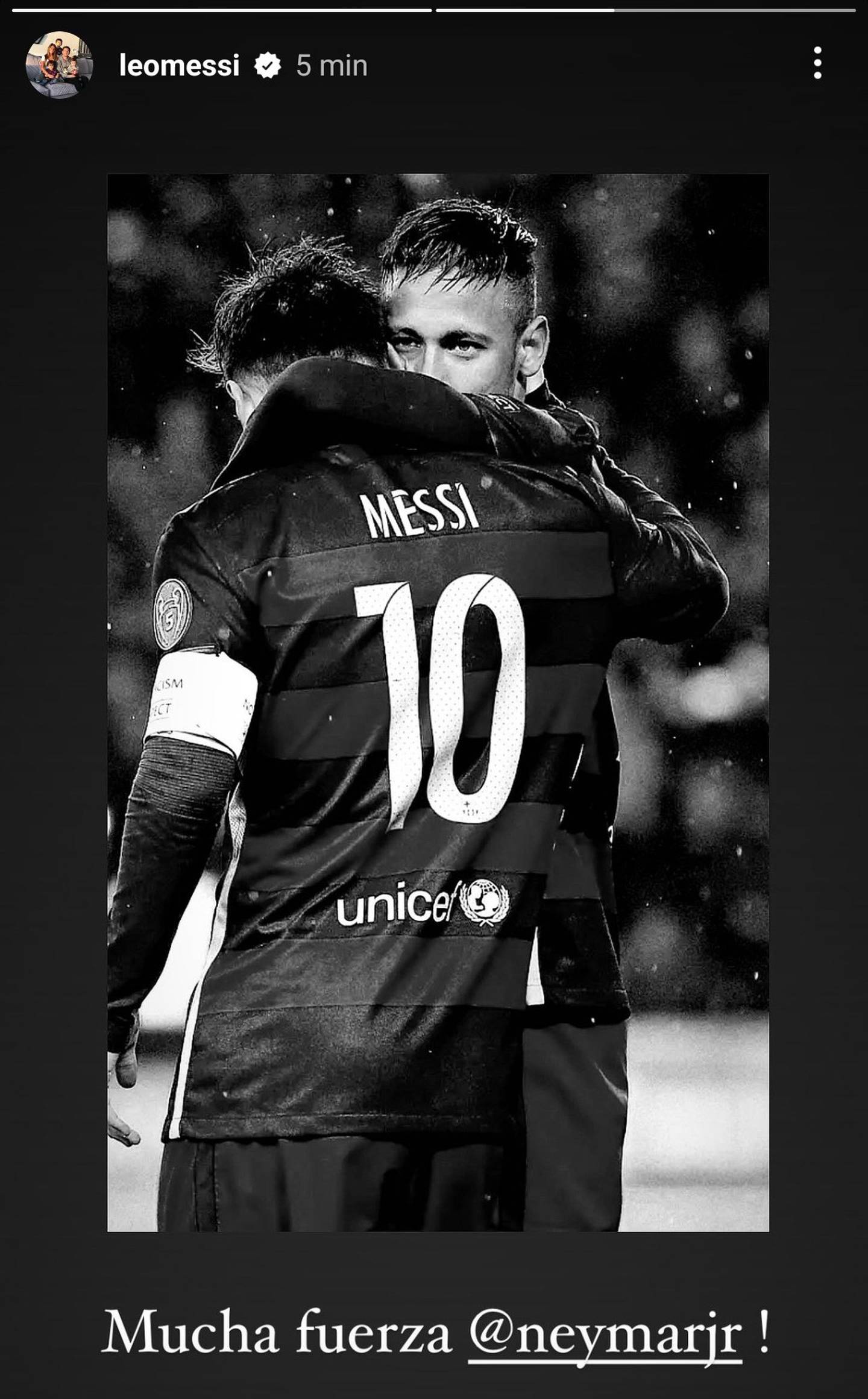 Lionel Messi le deseó mucha fuerza en su lesión a Neymar. Foto: Instagram