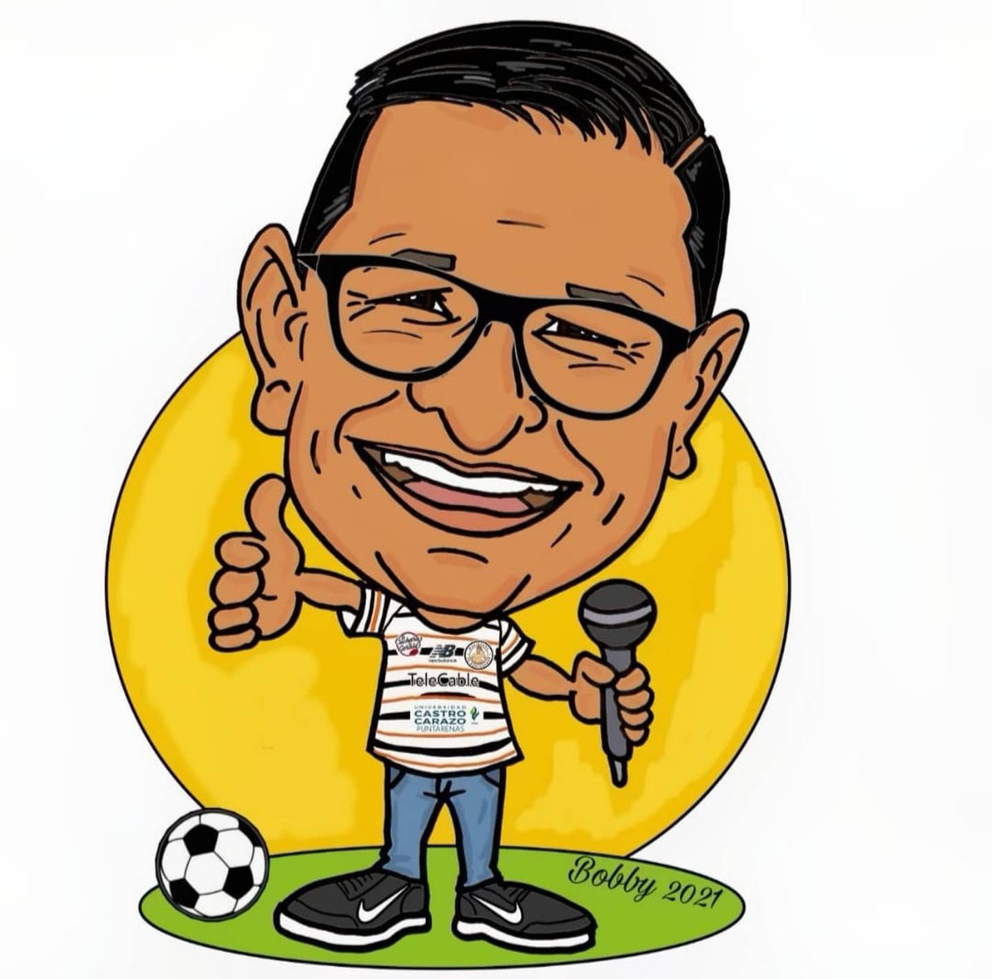 Bobby Álvarez, exportero de Saprissa. Caricatura hecha al periodista Cristian Campos. Cortesía.