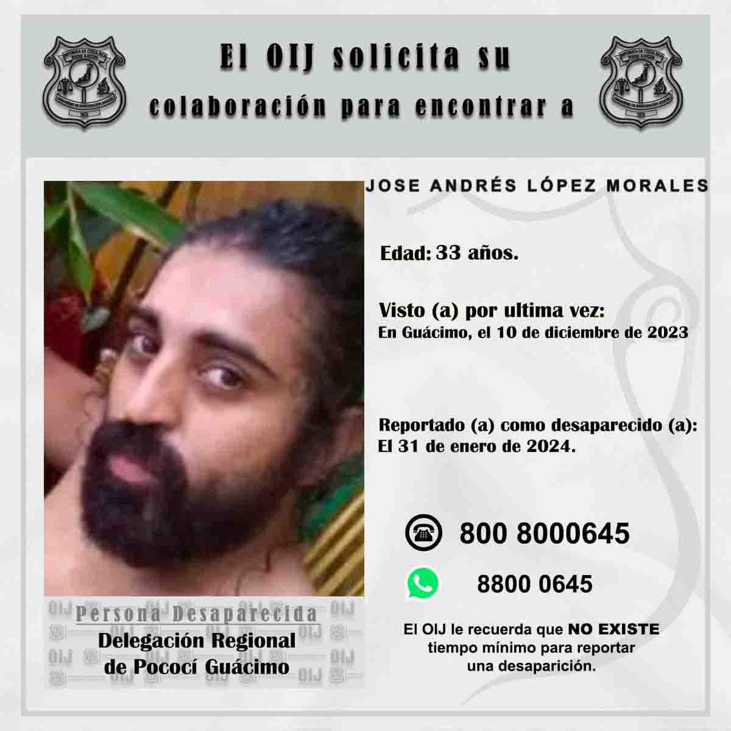 José Andrés López Morales, de 33 años, desaparecido en Guácimo. Foto: OIJ
