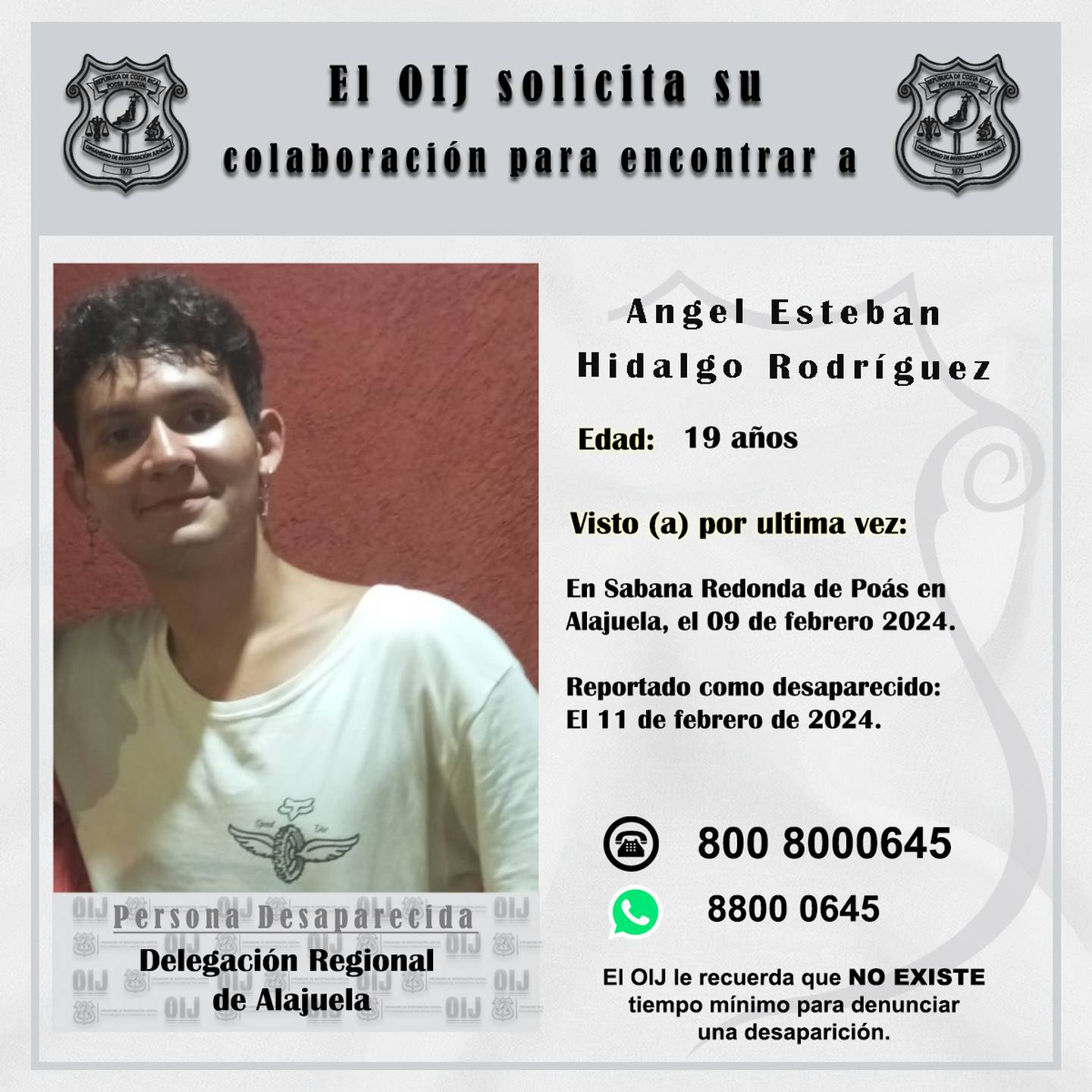 Ángel Esteban Hidalgo Rodríguez es un muchacho de 19 años, está desaparecido. Foto: OIJ