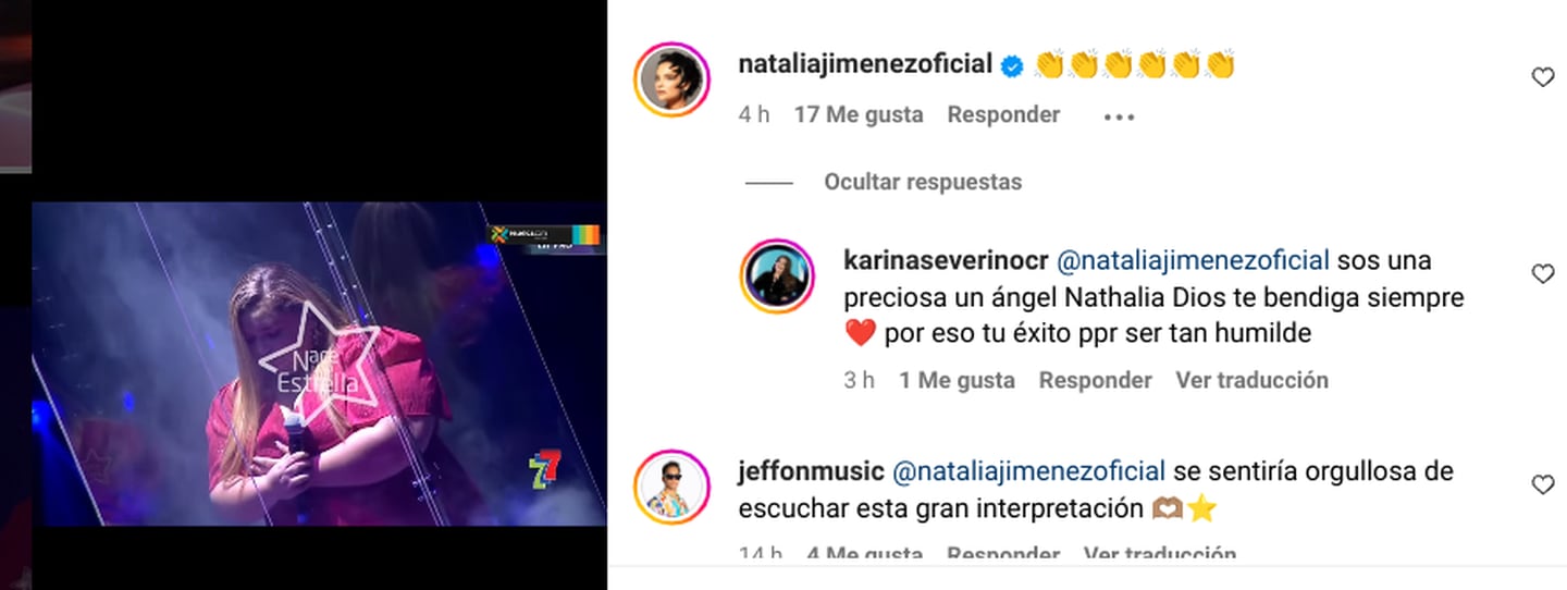 La cantante Natalia Jiménez le comentó una publicación a Valery Álvarez tras ver que interpretó una de sus canciones.