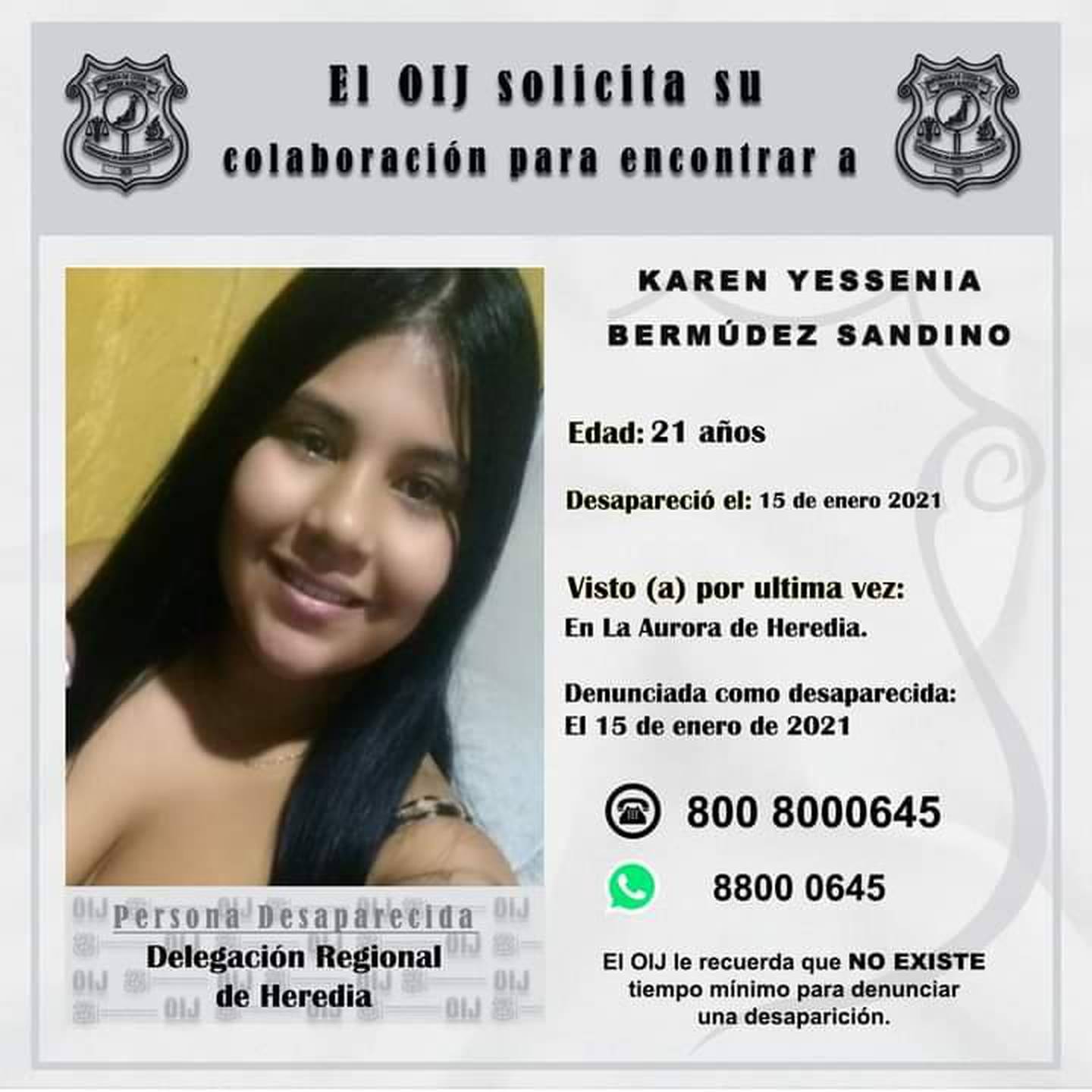 Karen Bermudez Sandino, joven desaparecida en Heredia. Foto OIJ.