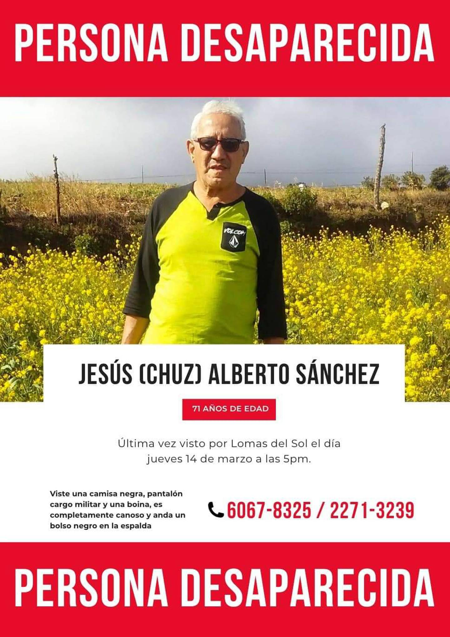 Don Jesús Sánchez desapareció este jueves tras salir de su casa en Curridabat.