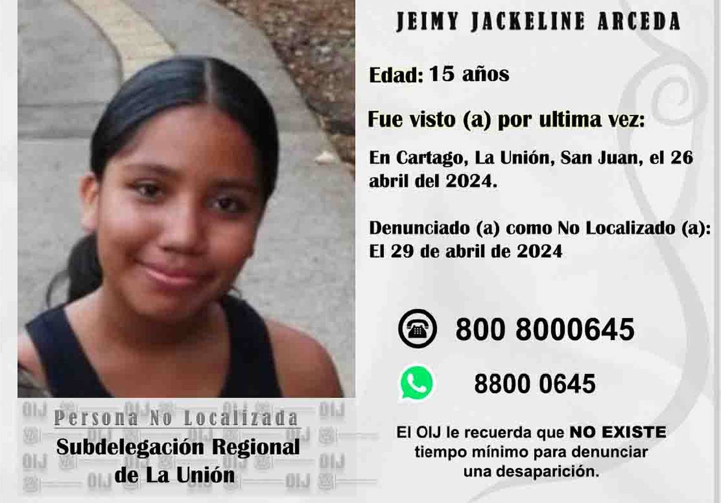 Jeimy Jackeline Arceda fue vista por última vez en Cartago.