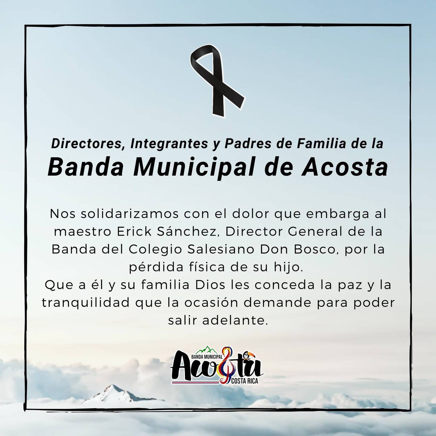 Banda Municipal de San José y Acosta se solidarizan por el fallecimiento de director de banda en Desamparados. Foto tomada de Facebook.