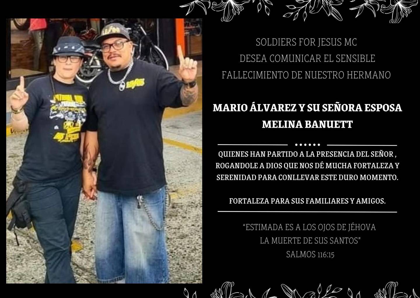 Mario Álvarez Naranjo y Melina Bannuet Castro esposos motociclistas ticos murieron al caer en guindo en Panamá. Foto: Soldiers For Jesús Mc Costa Rica