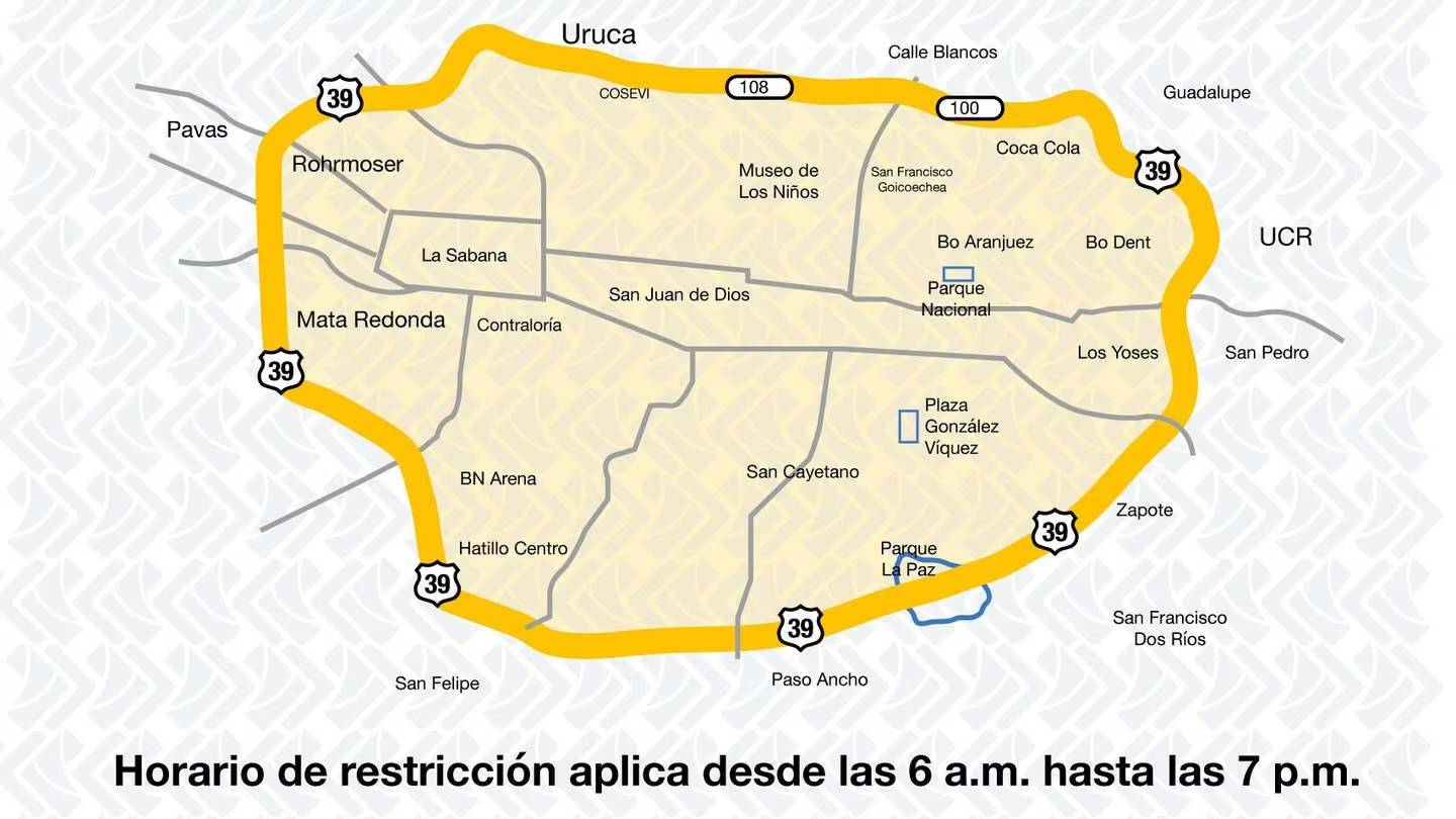Esta es el área en San José de restricción vehicular por placa. Fotografía: Cortesía MOPT.