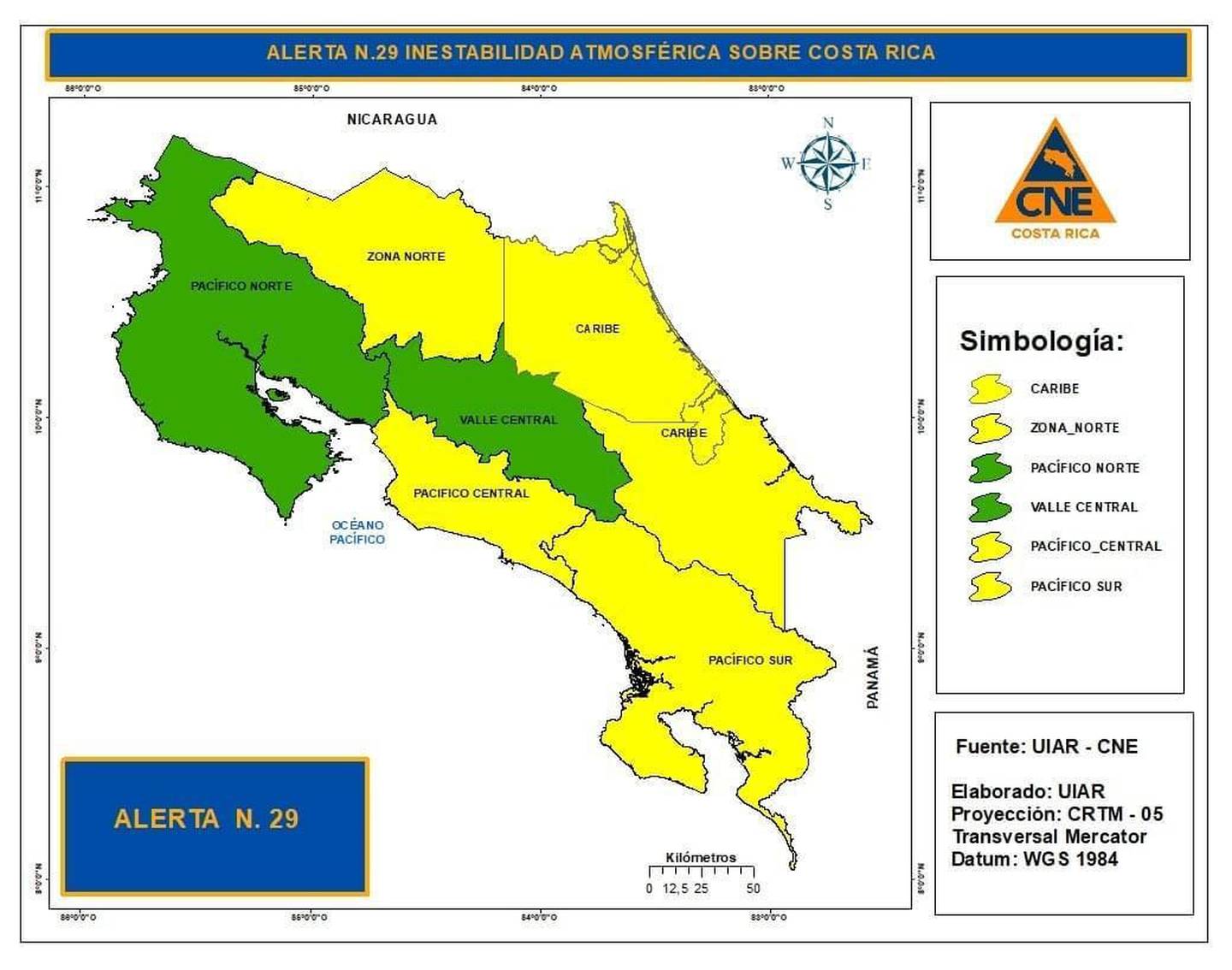 Alerta amarilla por lluvias en el Caribe, zona norte, Pacífico Central y Pacífico Sur. Foto CNE.