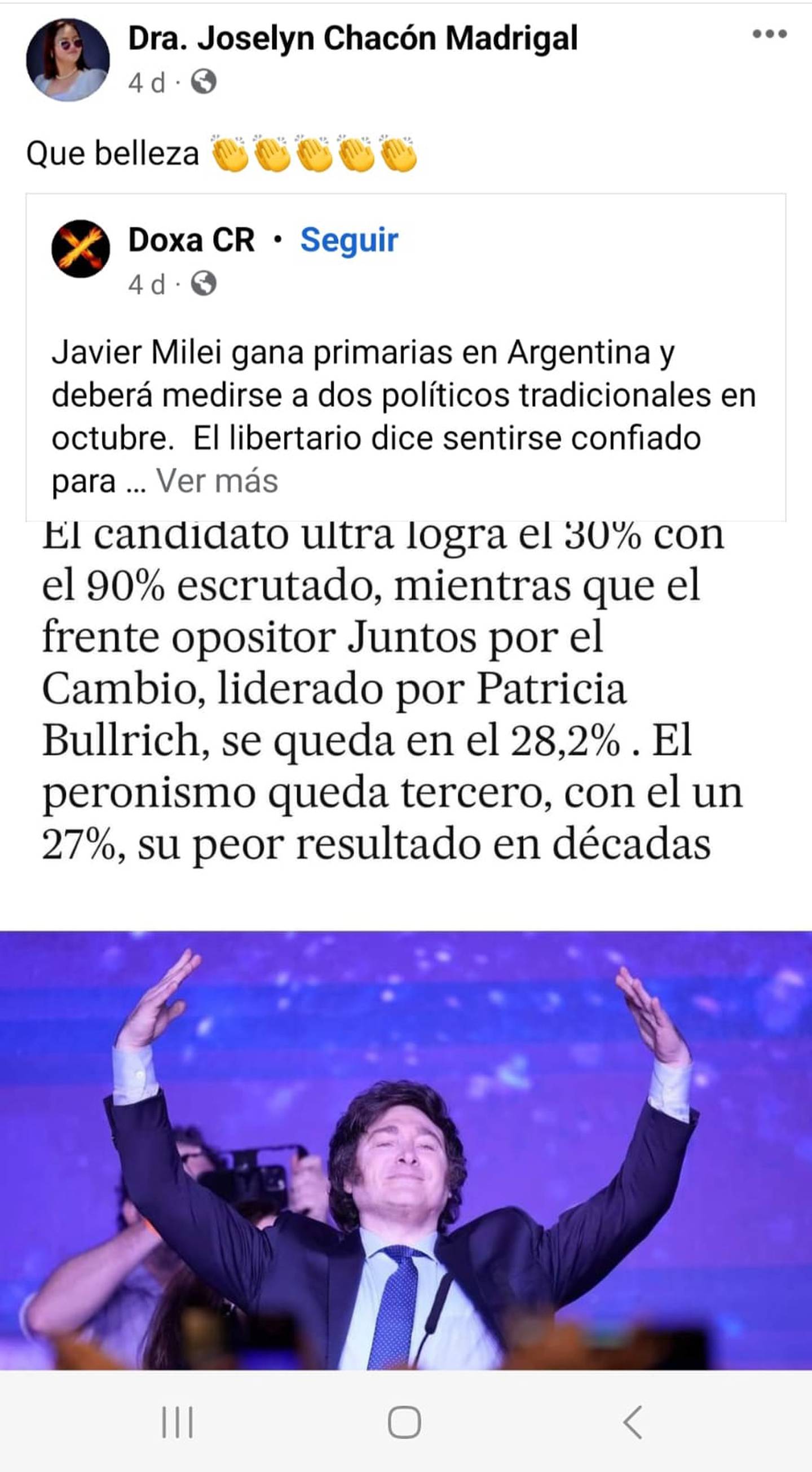 Joselyn Chacón ahora admira a un político argentino: Javier Milei
