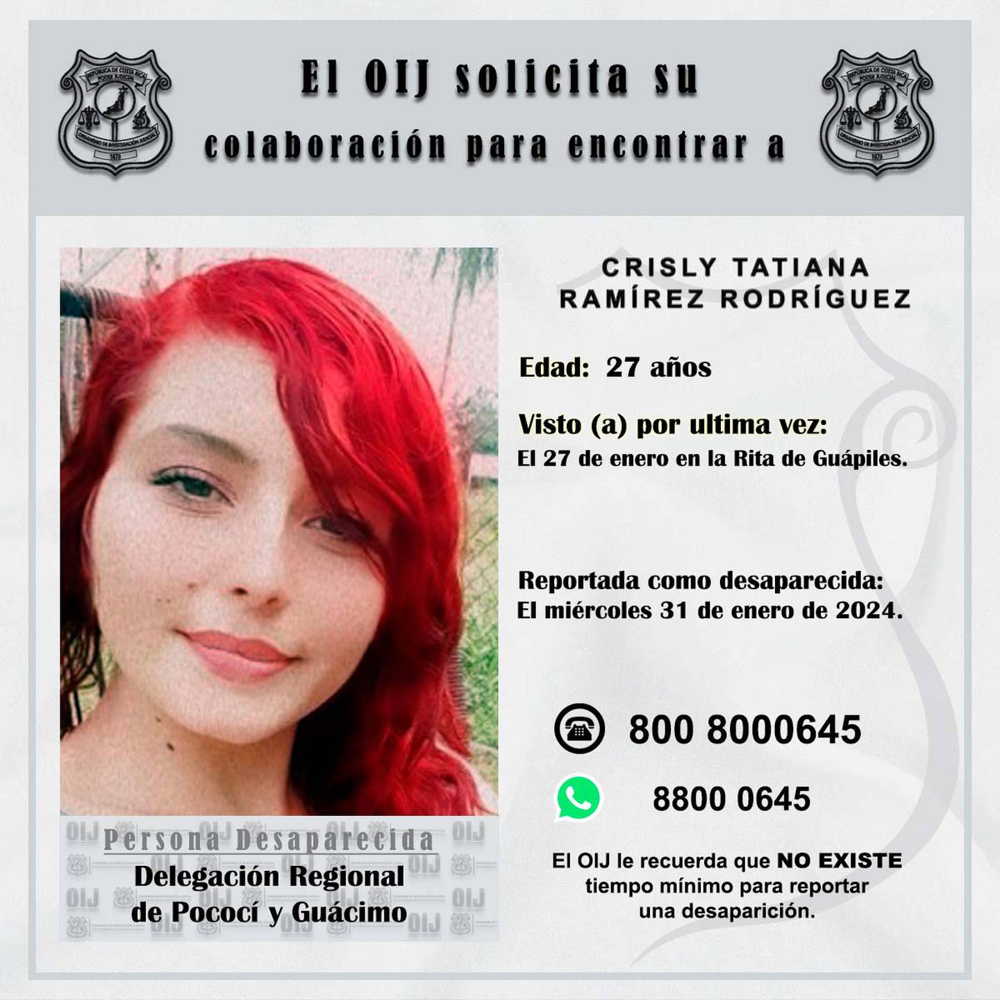 Crisly Tatiana Ramírez Rodríguez, de 27 años, fue vista por última vez en Pococí. Foto: OIJ