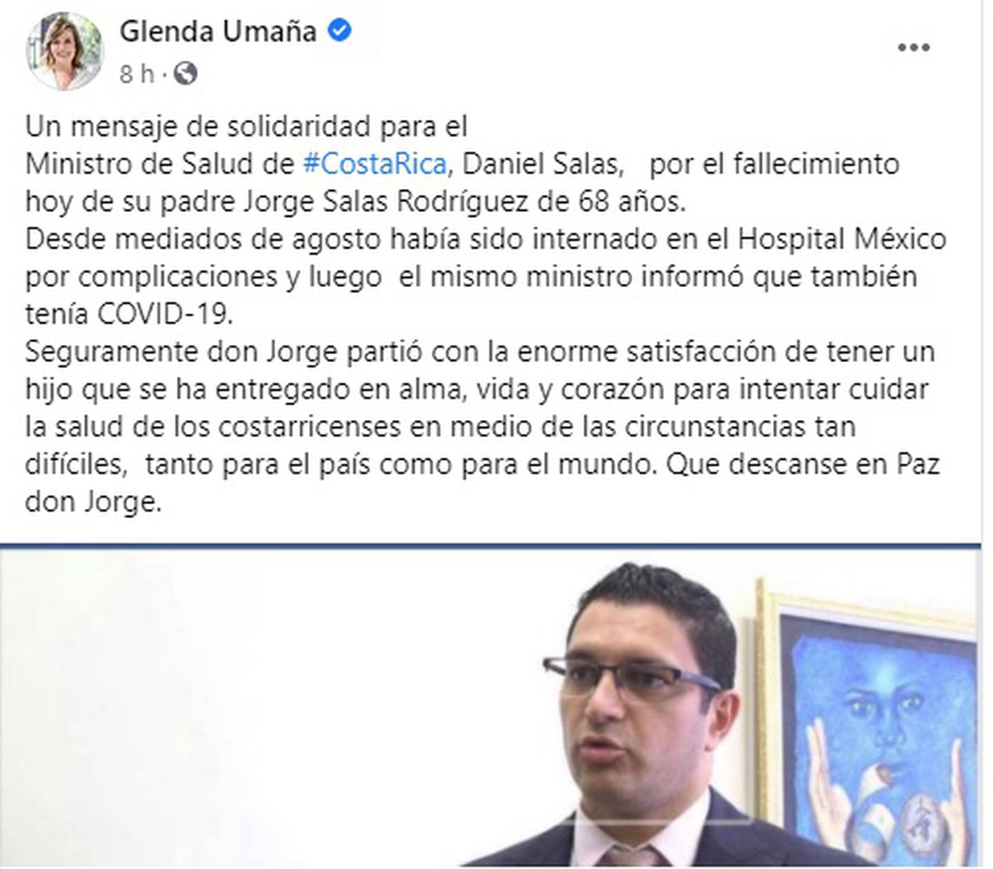 La periodista Glenda Umaña publicó en Facebook sobre  el fallecimiento de don Jorge Eduardo Salas, papá del ministro de Salud, Daniel  Salas