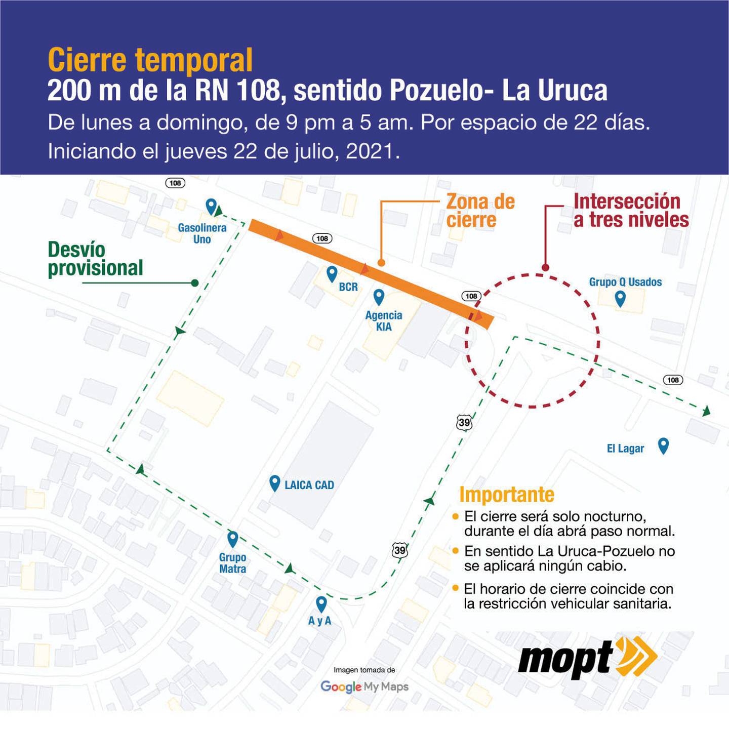 A partir de mañana, jueves 22 de julio 2021 y por espacio de 22 días, se aplicarán cierres nocturnos en unos 200 metros de la Ruta Nacional 108, con sentido Pozuelo- La Uruca.
