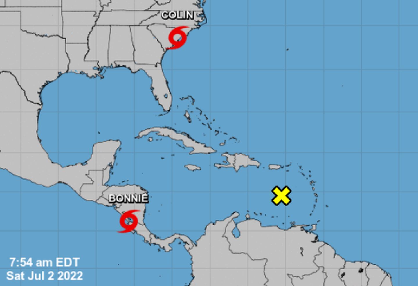 La tormenta Bonnie está por salir del territorio nacional.  En Carolina del Sur, EE.UU. se formó Colin, el tercer ciclón de la temporada. Imagen: Centro Nacional de Huracanes.