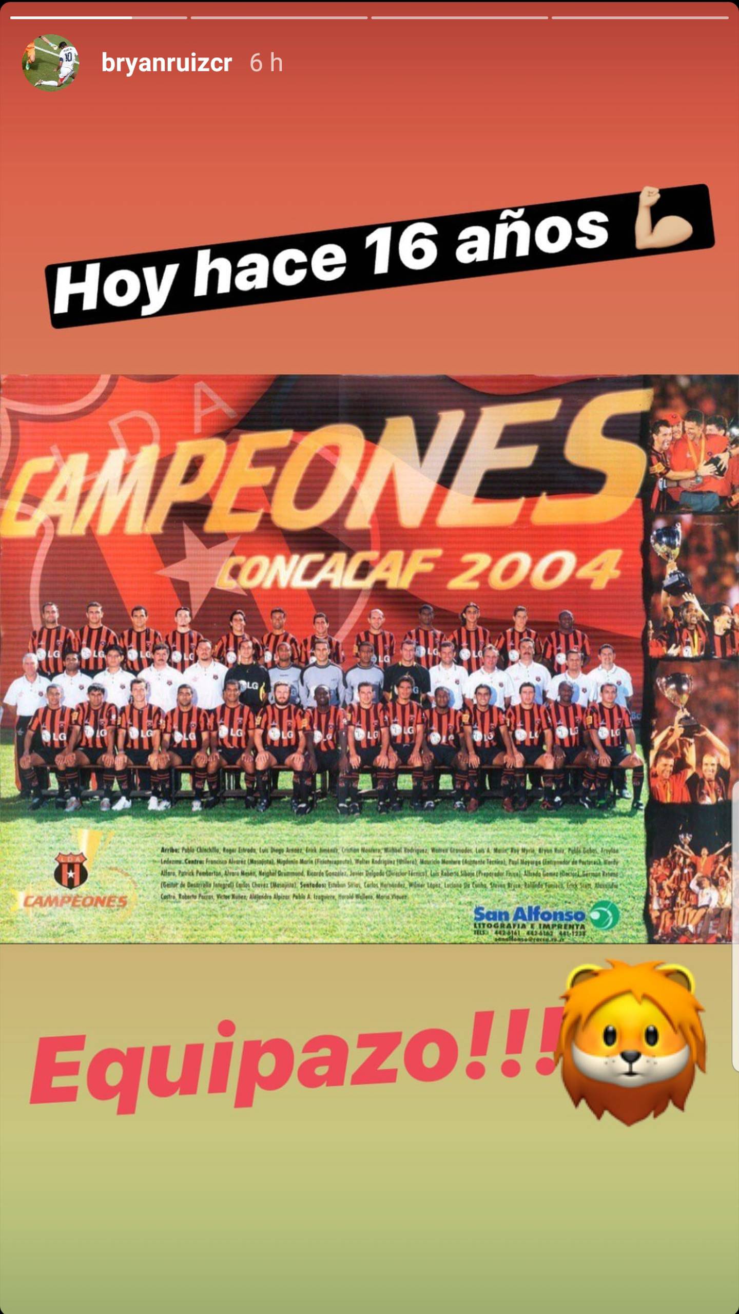 Bryan Ruiz se manifestó sobre el aniversario 16 de aquella noche en la que la Liga derrotó a Saprissa en la final de la Concacaf del 2004. Fotografía: Captura Instagram