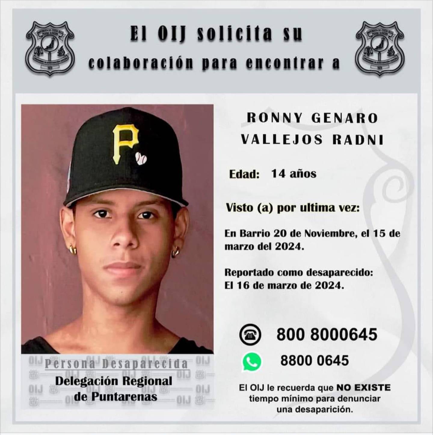 Ronny Vallejos Radni, es un adolescente de 14 años que está desaparecido. 
El OIJ de Puntarenas tiene a dos sospechosos por esta desaparición. Foto: OIJ
