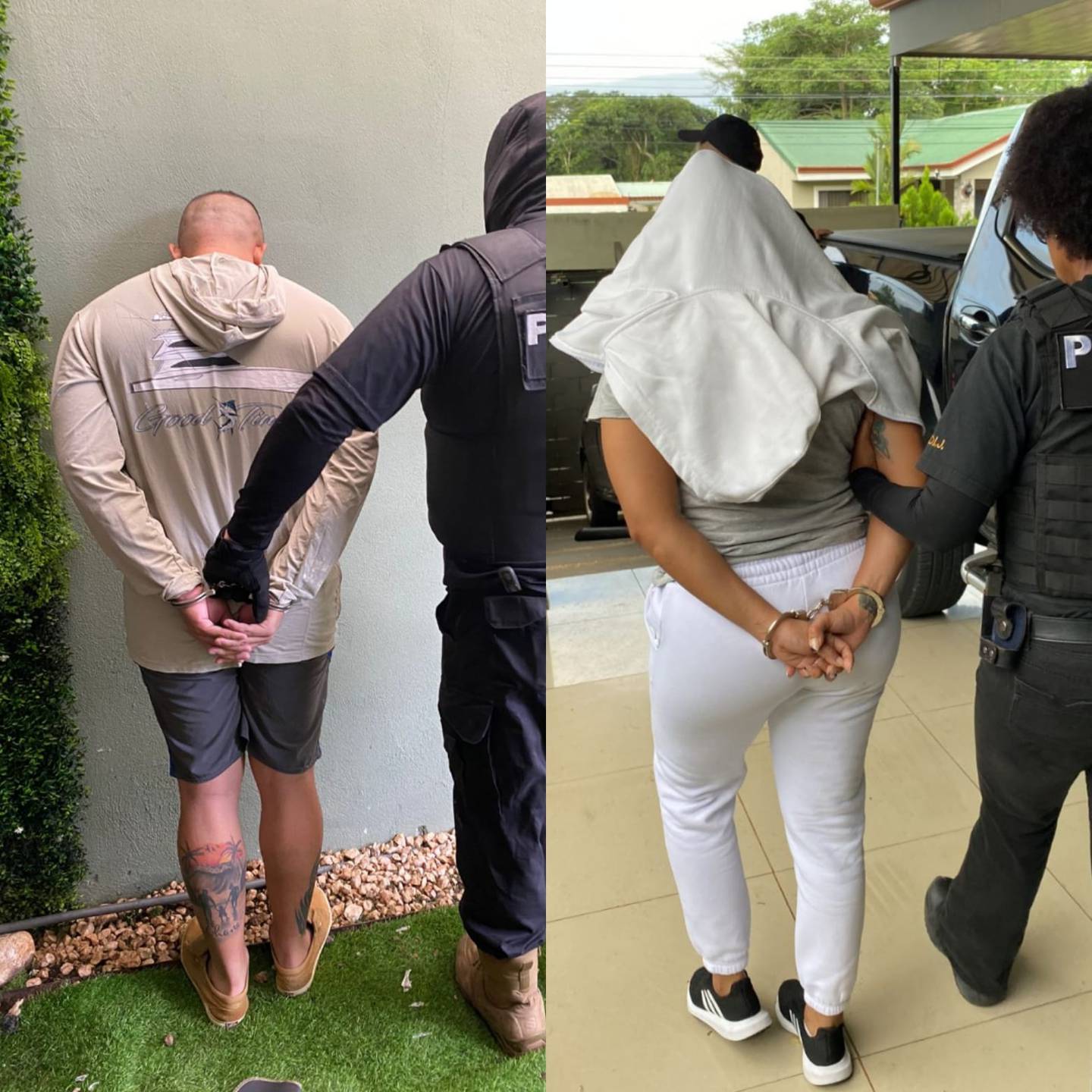 El guardacosta Juárez Rodríguez, de 32 años y su pareja Acevedo Duarte de 35 años detenidos por ser sospechosos de formar parte de una banda narco. Foto OIJ