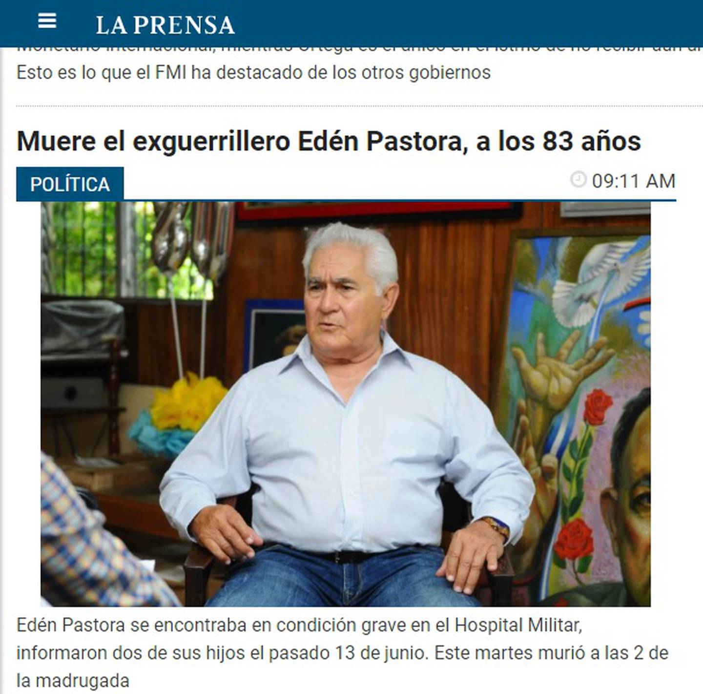 El periódico La Prensa de Nicaragua confirma la muerte de Edén Pastora