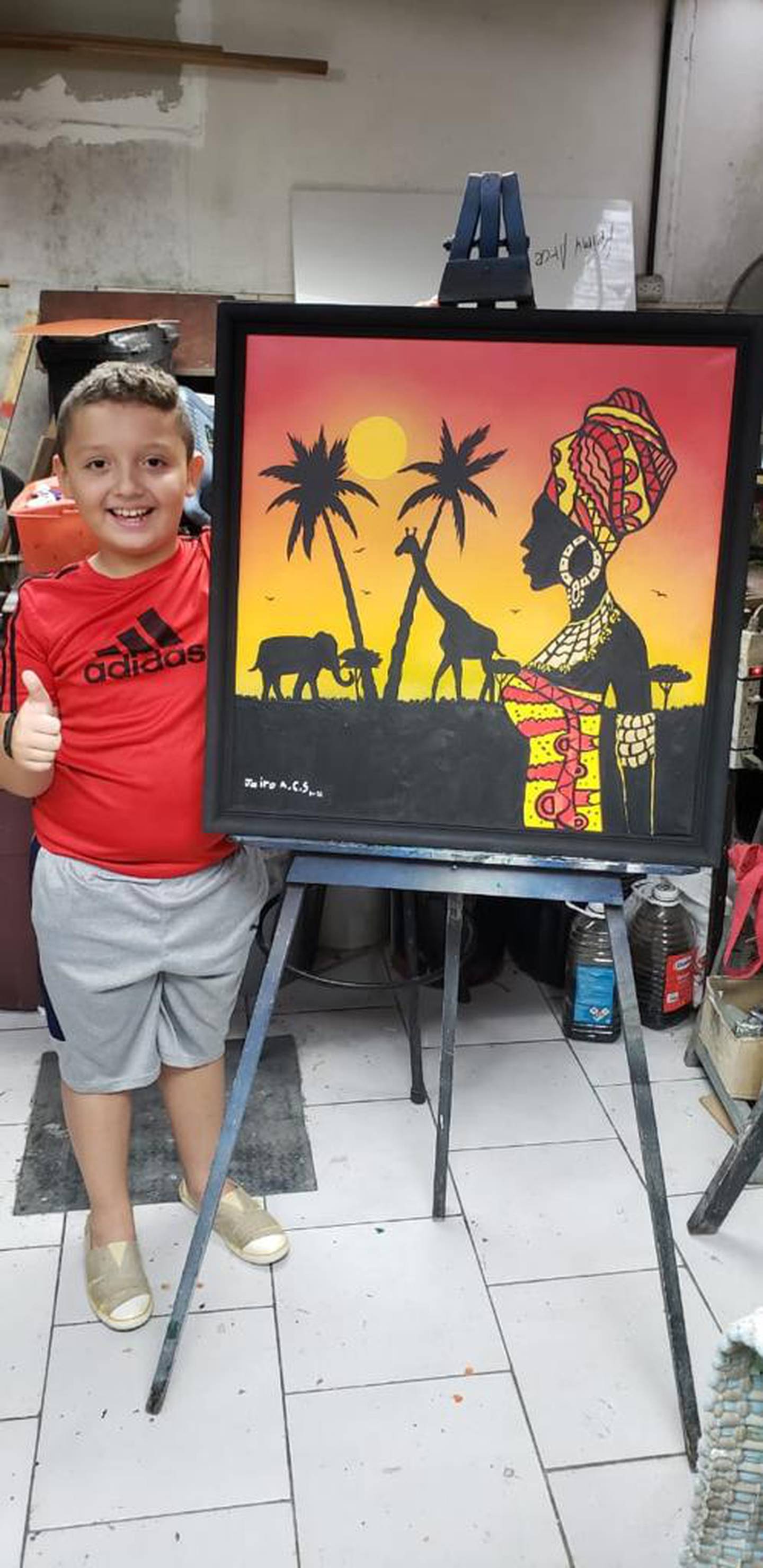 Jairo Adrián Cordero Sancho es a sus nueve años un pintor profesional, porque los cuadros que hace se le venden muy bien. Ama lo que hace y asegura que cuando esté grande será mejor pintor que italianos Miguel Ángel Buonarroti y Leonardo Da Vinci