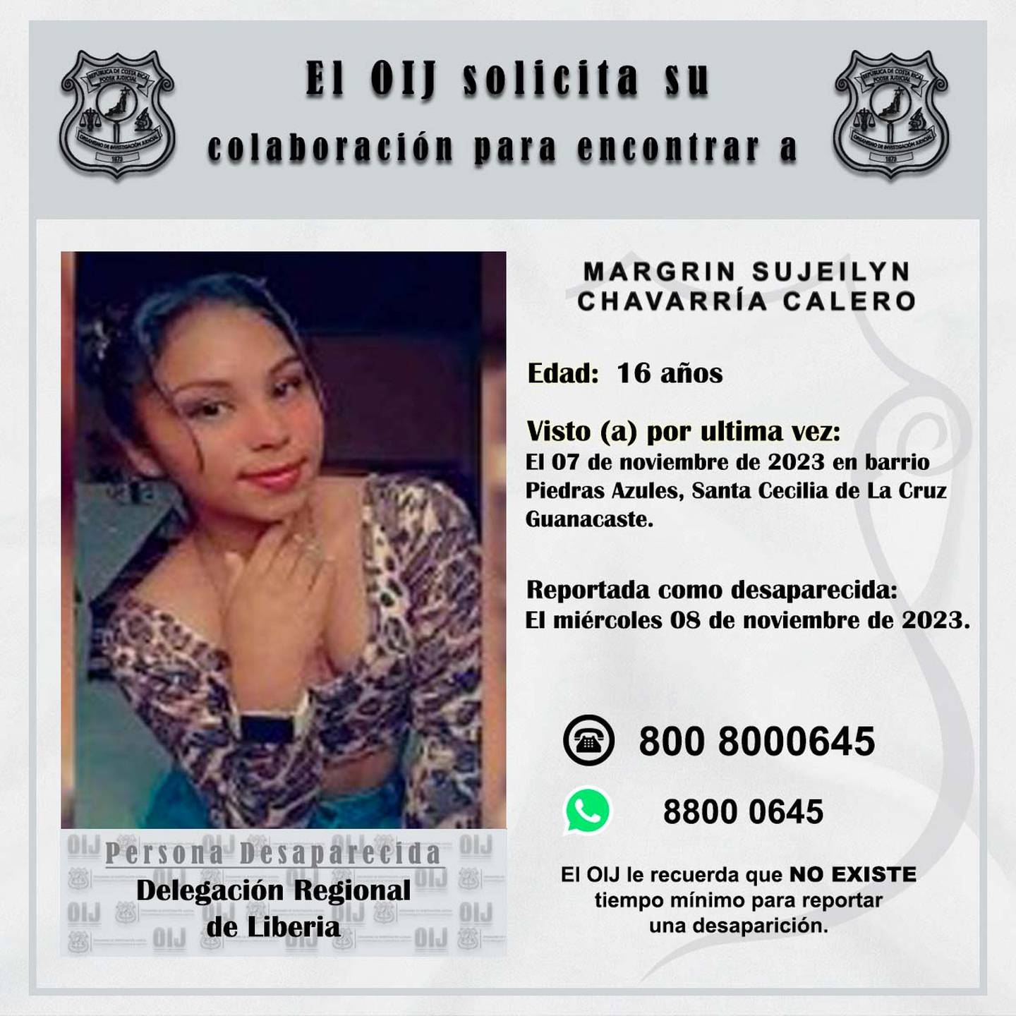 Margrin Sujeilyn Chavarría Calero, de 16 años, cumplirá 24 horas desaparecida y las autoridades piden ayuda para localizarla. Foto: OIJ