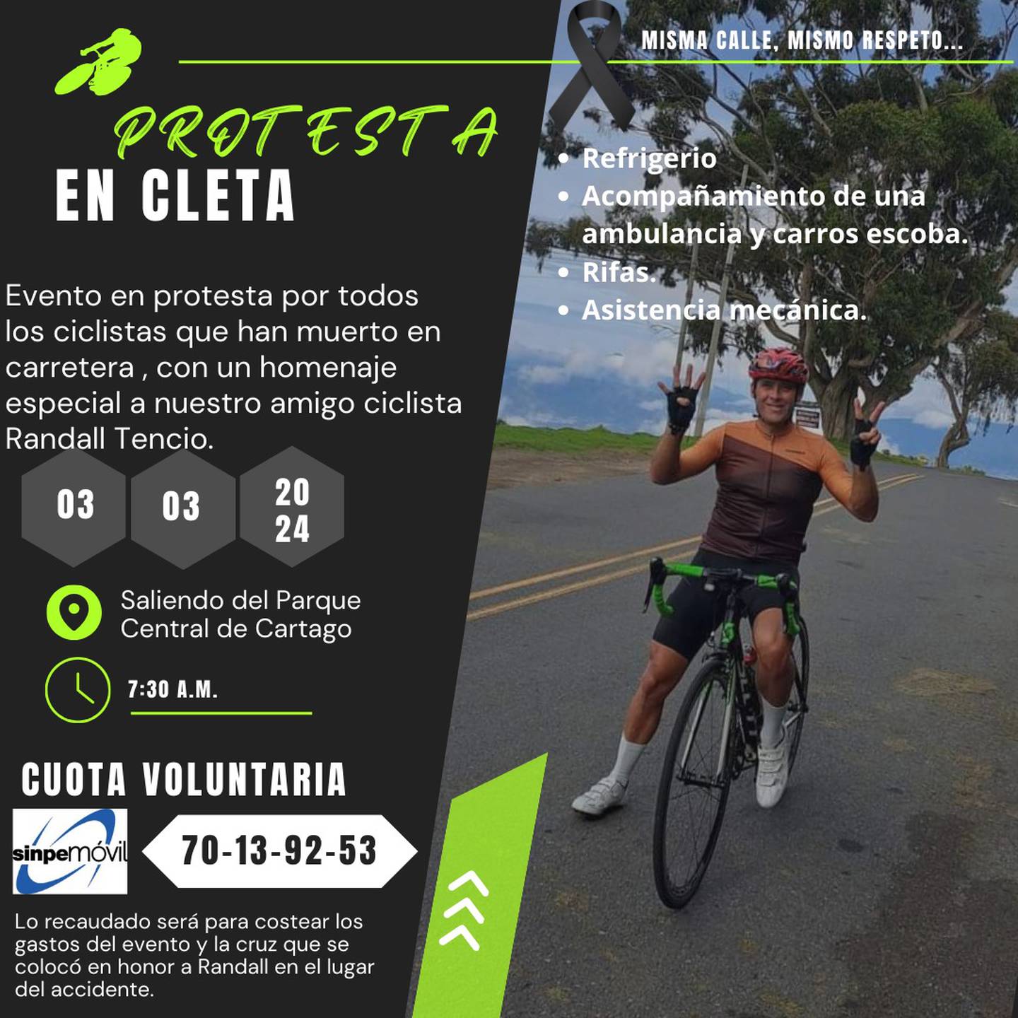 Cleteada en honor para Randall Tencio Calvo, ciclista que murió atropellado en La Cangreja, cerro de la Muerte.