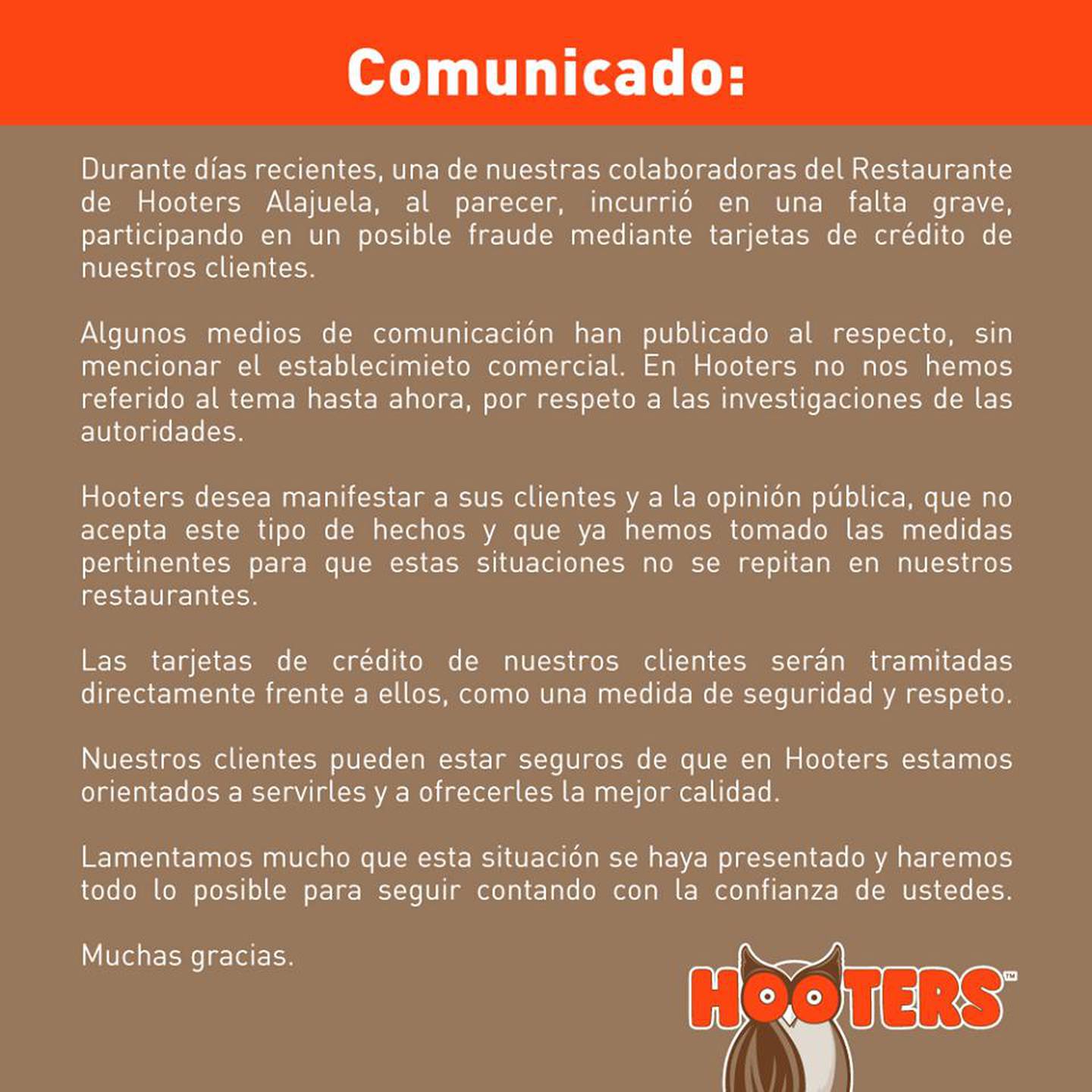 Comunicado Hooters. Foto Facebook.